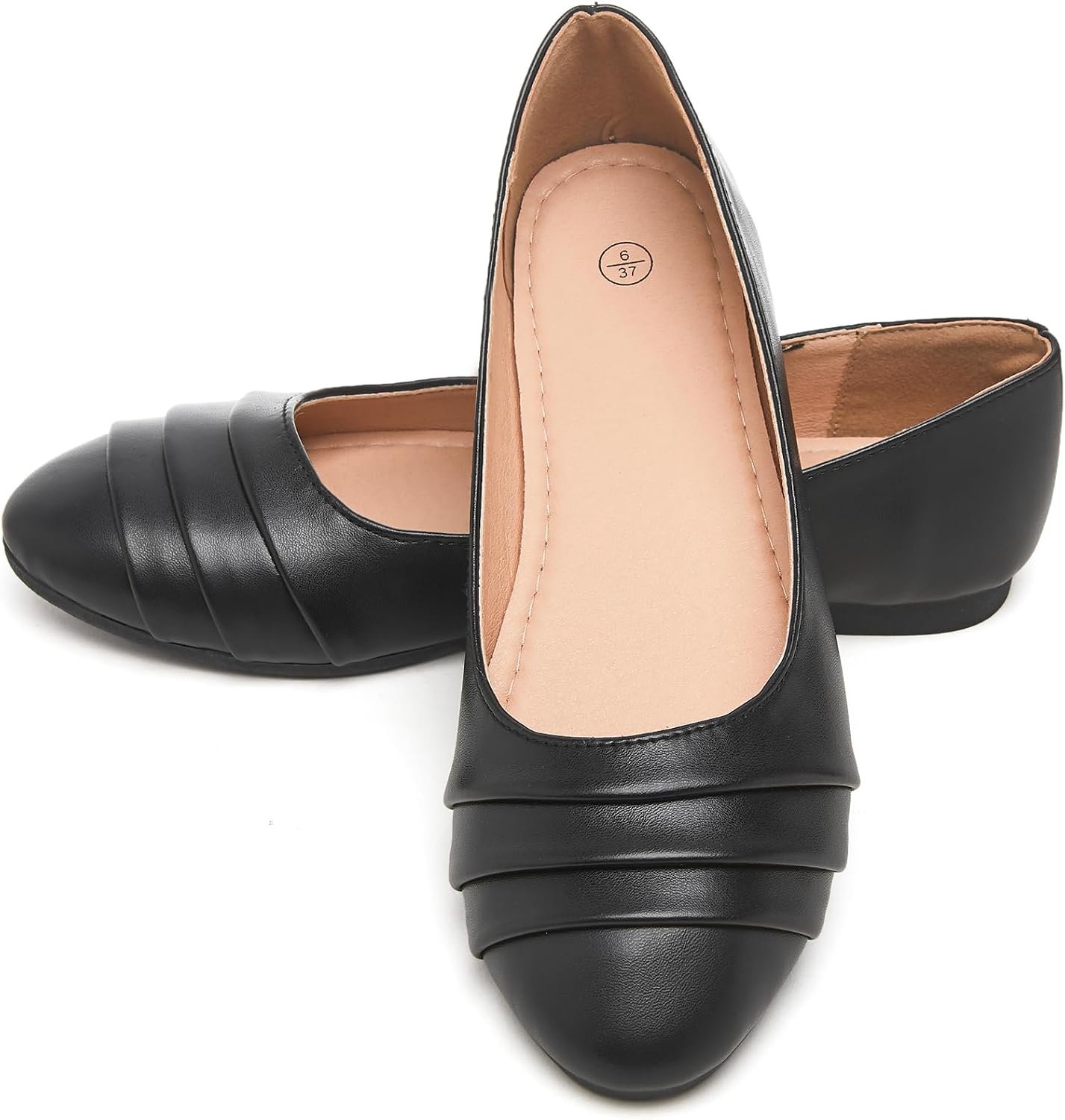 HEAWISH Women’s Black Flats Shoes Round Toe Slip On Casual Ballet Flats PU Leather Dressy Work Shoes