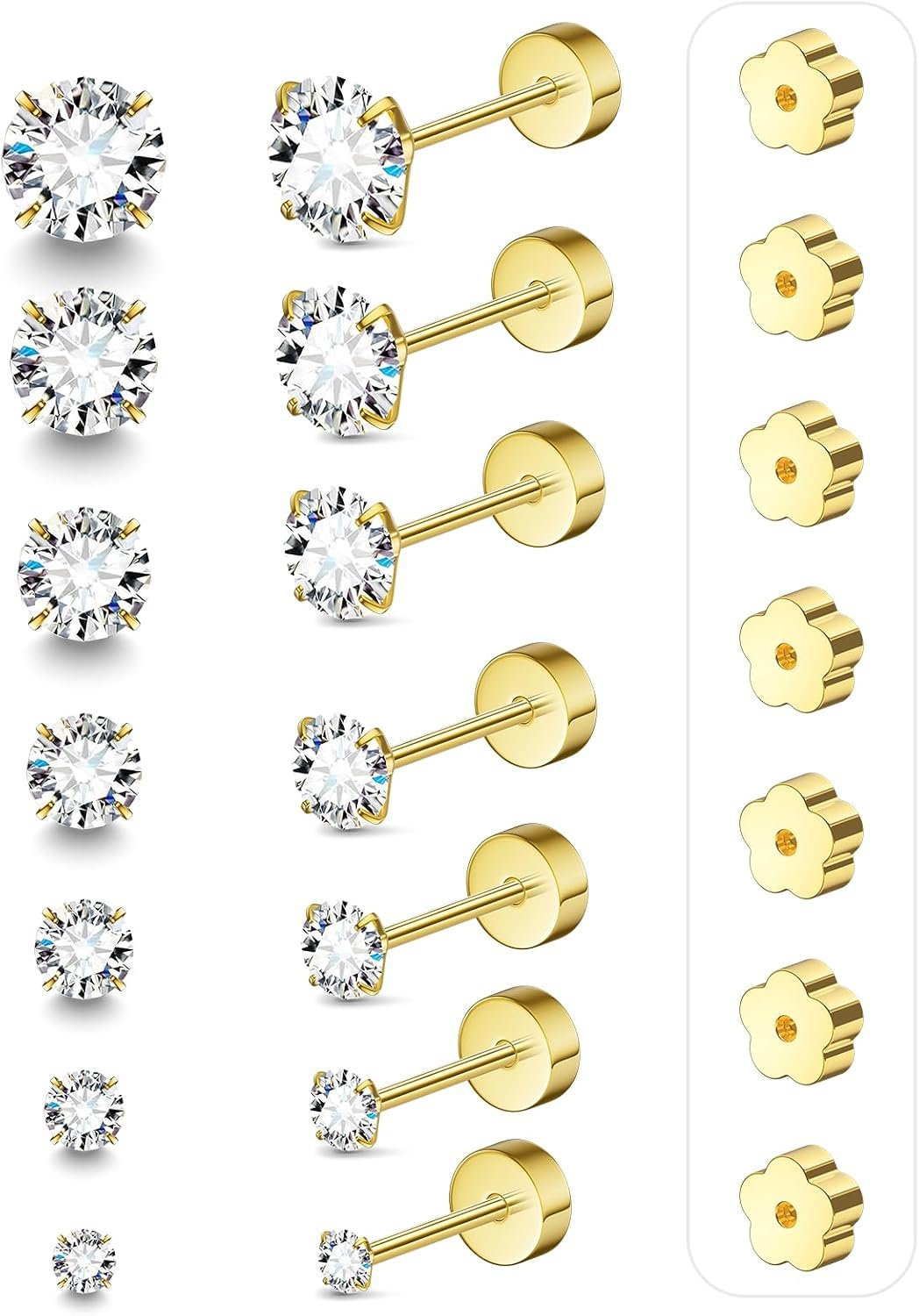 7 Pairs 18G 20G Flat Back Stud Earrings, Hypoallergenic Surgical Steel Set