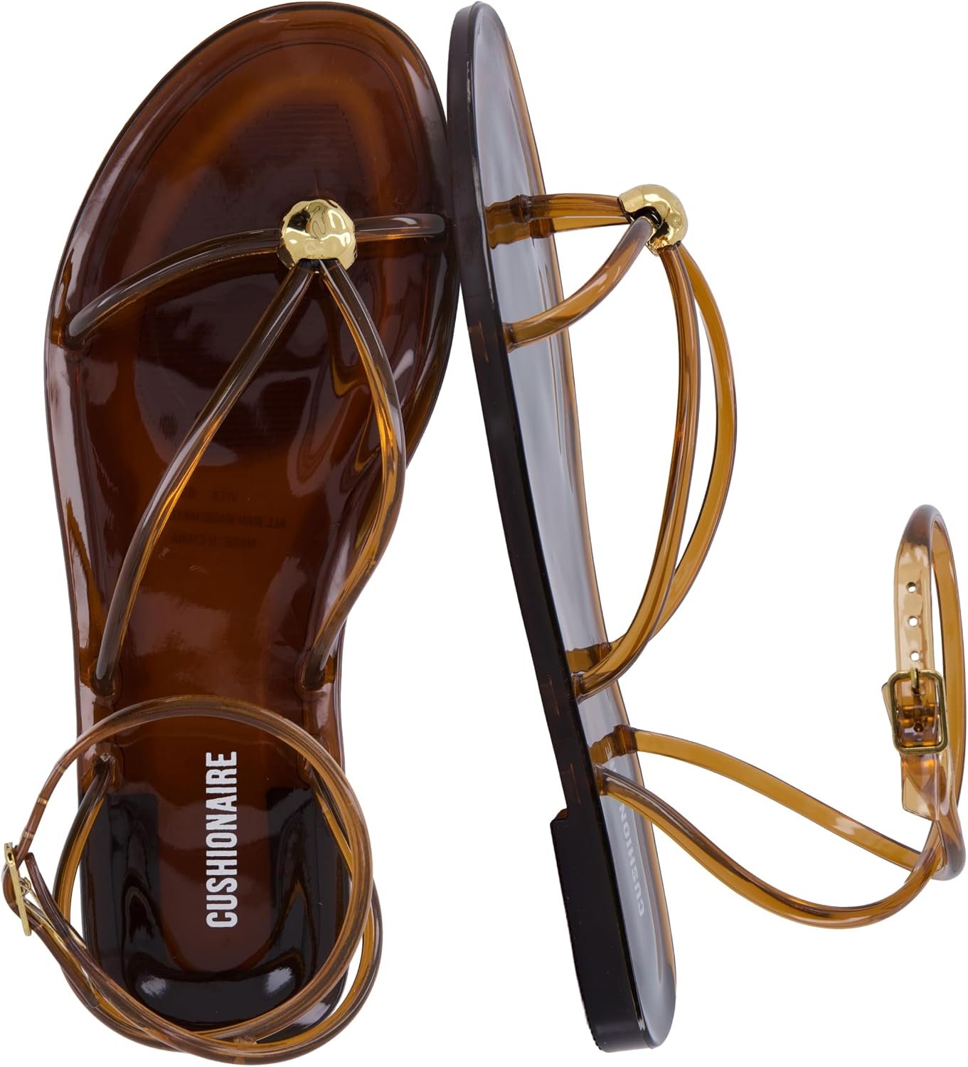 CUSHIONAIRE Vita Jelly Sandals for Women, Casual Lightweight Womens Strappy Sandals with Adjustable Buckle Strap and Gold Hardware Accent