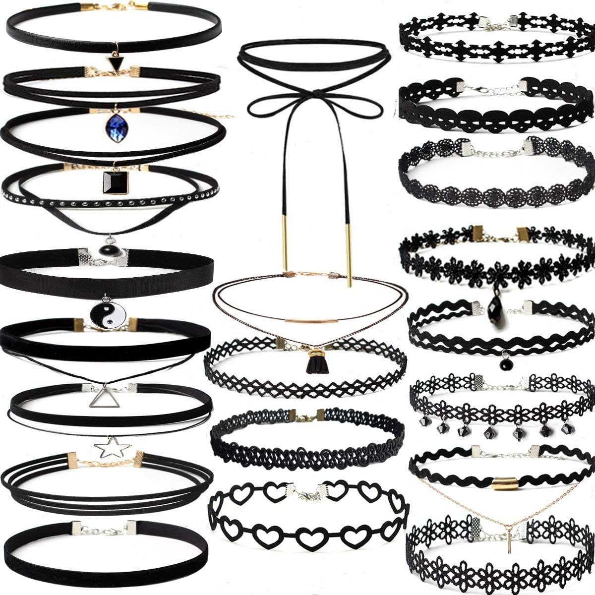 22 Pcs Black Velvet Choker Set for Women, Gothic Lace Necklace Adjustable