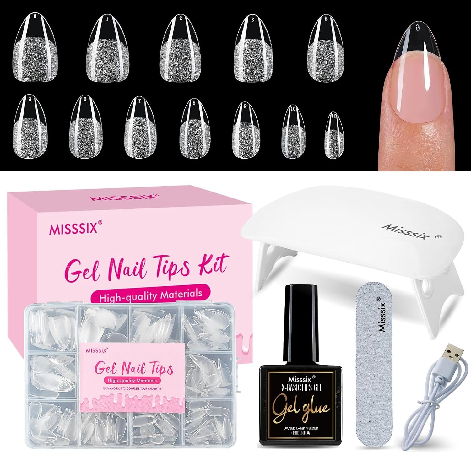 Misssix Short Almond Gel Nail Tips Kit, 216Pcs Pre Etched Clear Nail Tips