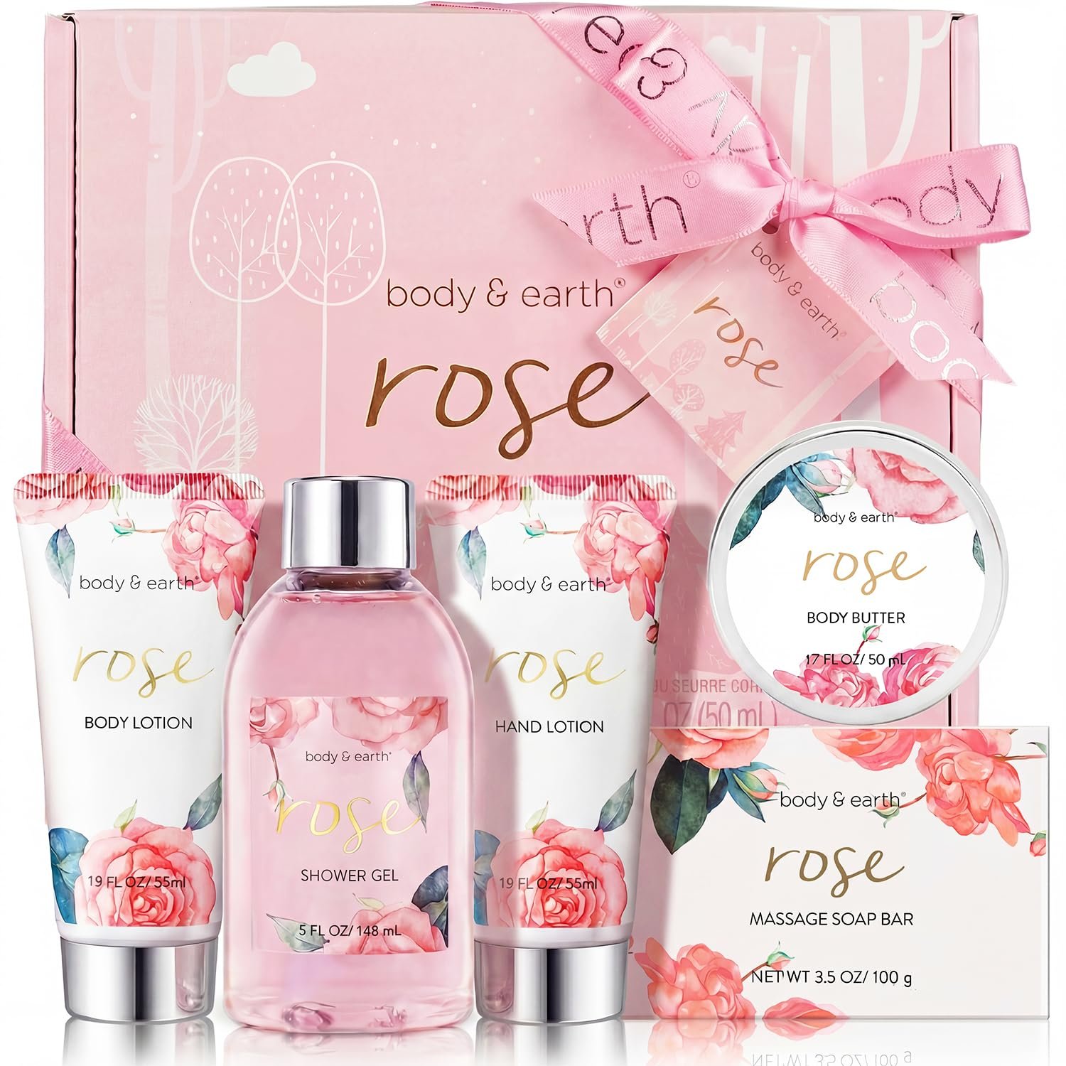 BODY & EARTH Spa Gift Set for Women – Luxurious 5 Pcs Bath and Body Box, Rose Scent, Includes Body Wash, Body Butter, Body Lotion and More, Birthday Christmas Gifts for Mom Self Care Kit for Her