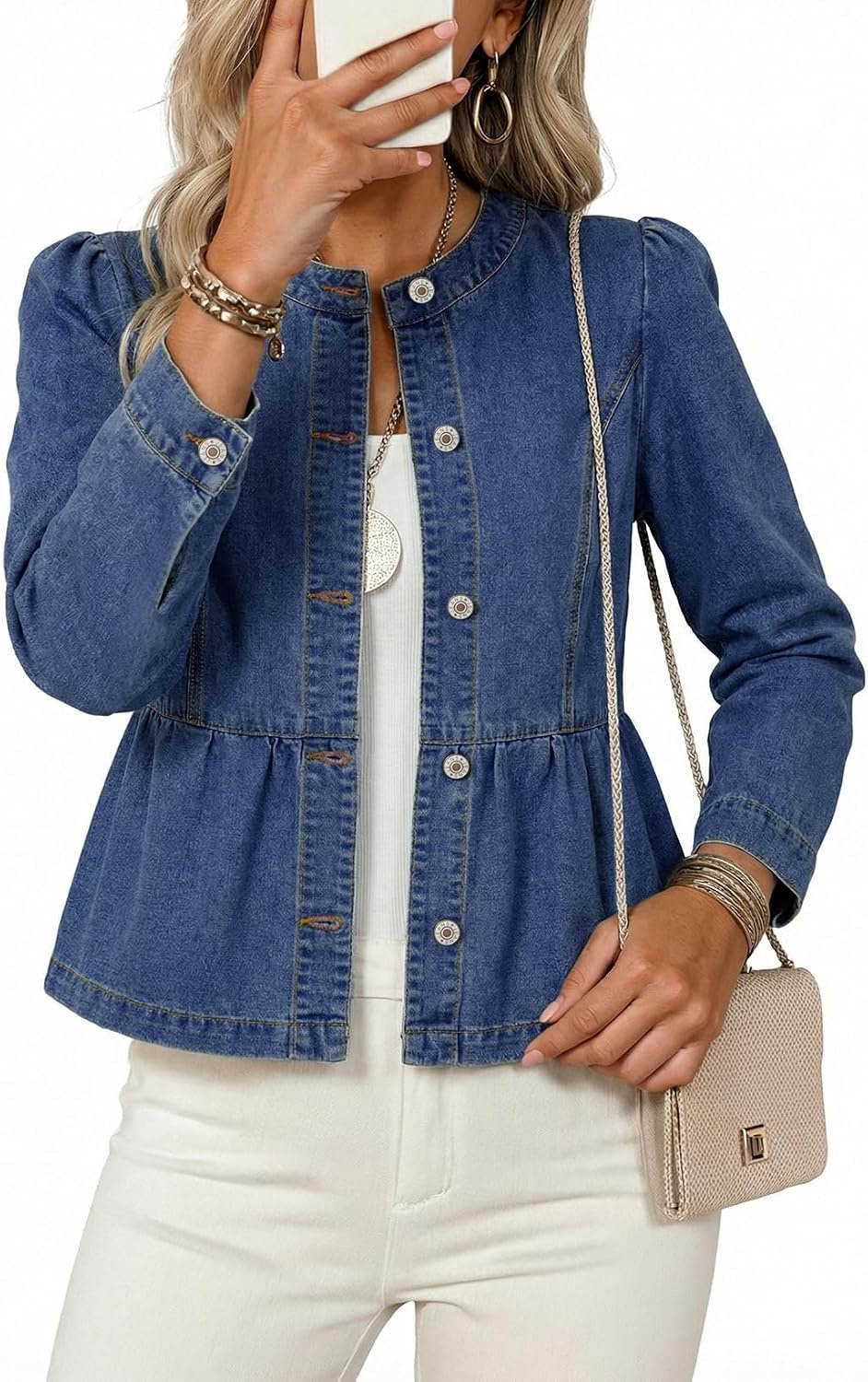 Dokotoo Cropped Jean Jacket Women Button Down Long Sleeve Collarless Cinched Waist Denim Jackets