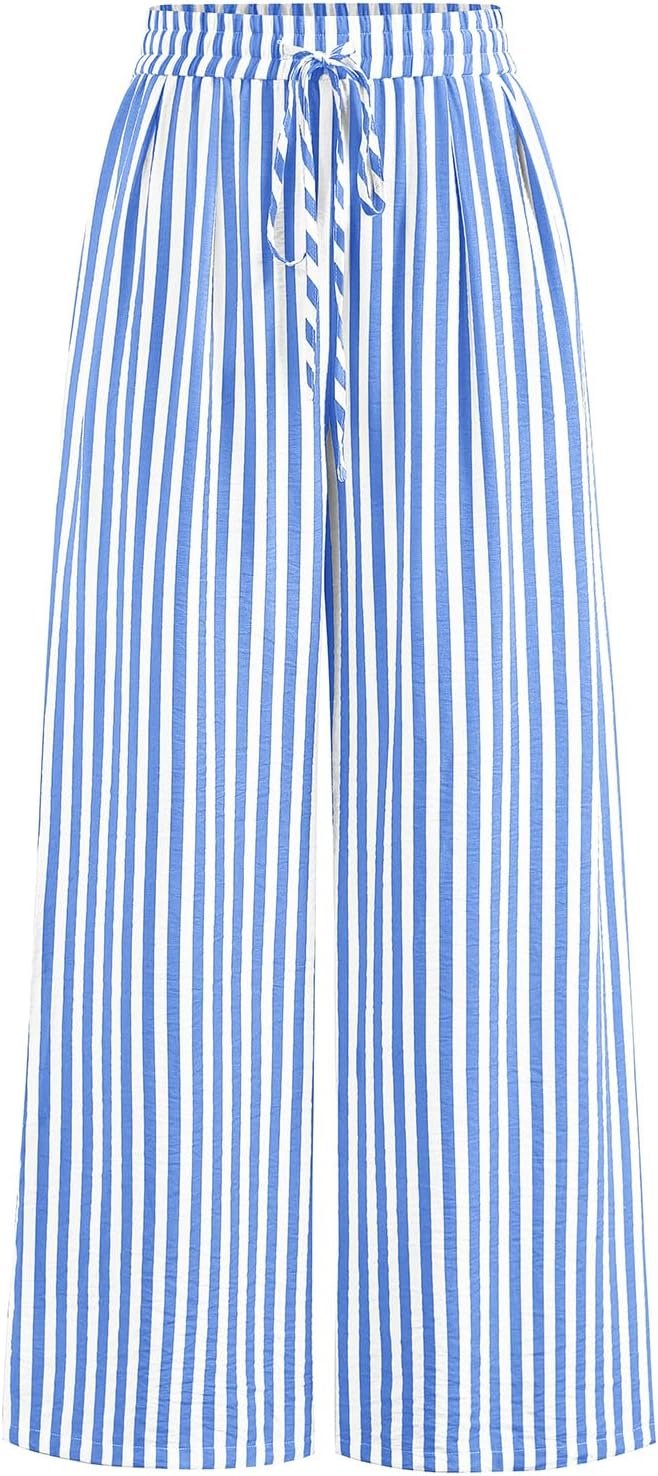 PRETTYGARDEN Womens Pants Elastic Waist Striped Lightweight Palazzo Pant