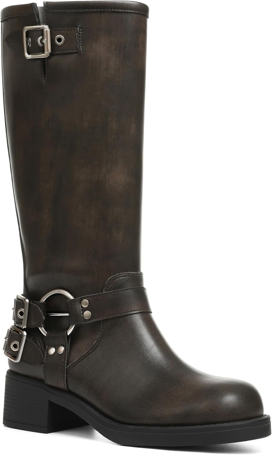 Knee High Boots Women Moto Biker Buckle Tall Boots | Square Toe Pull On Riding Long Boots Chunky Low Heel Casual Vintage Rivet Club Trendy Motorcycle Festival Spring Summer Fall