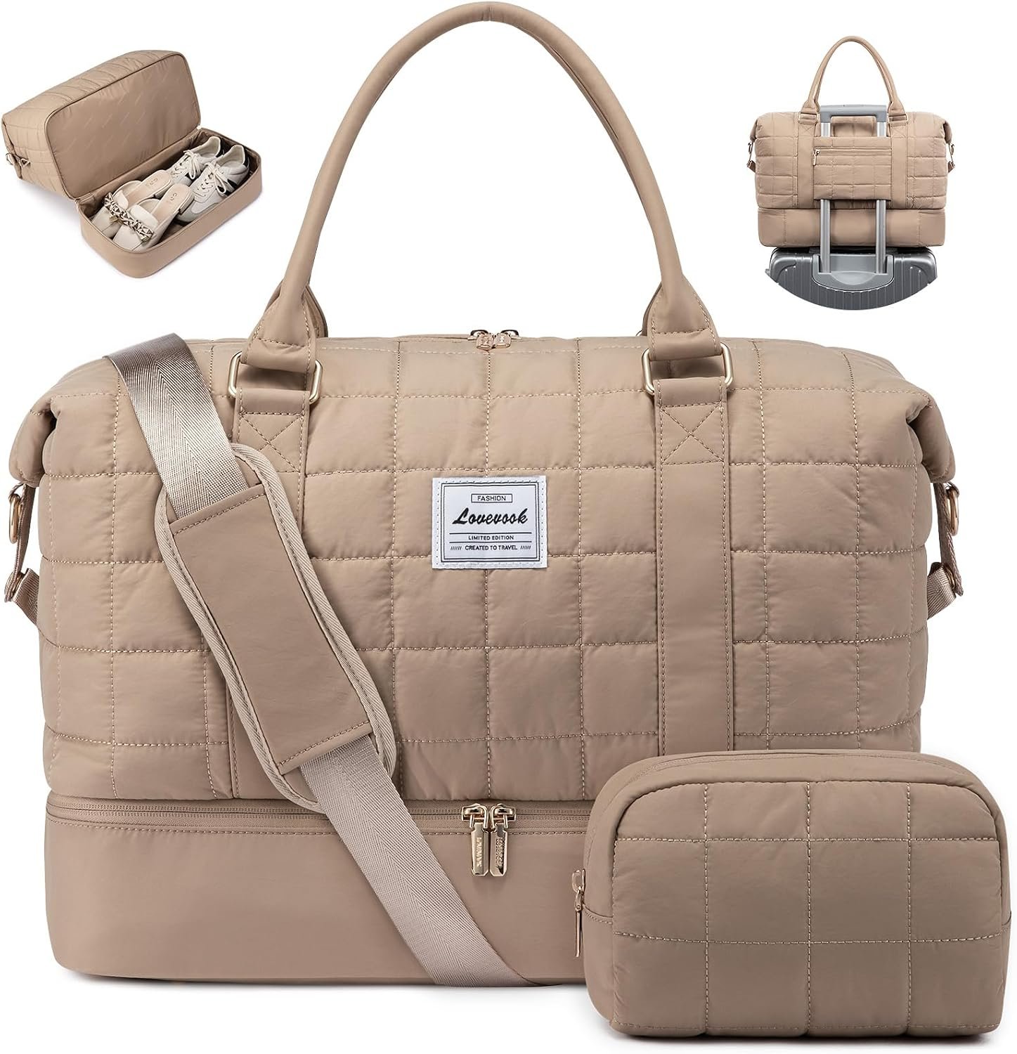 LOVEVOOK Travel Duffel Bag – Versatile Weekender Bag for Women, Puffer Carry On & Overnight Bag for Short Trips, Coffee Brown