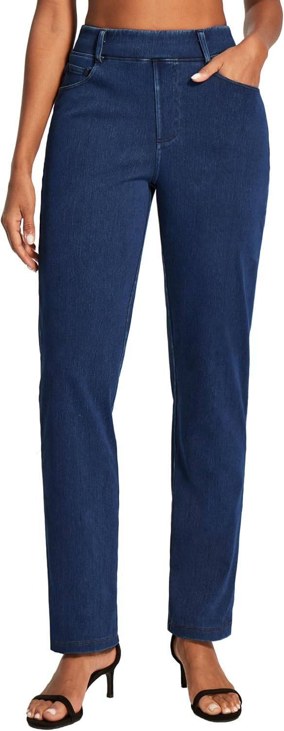 Stretchy Straight Leg Jeans for Women Pull On High Waisted Trendy Denim