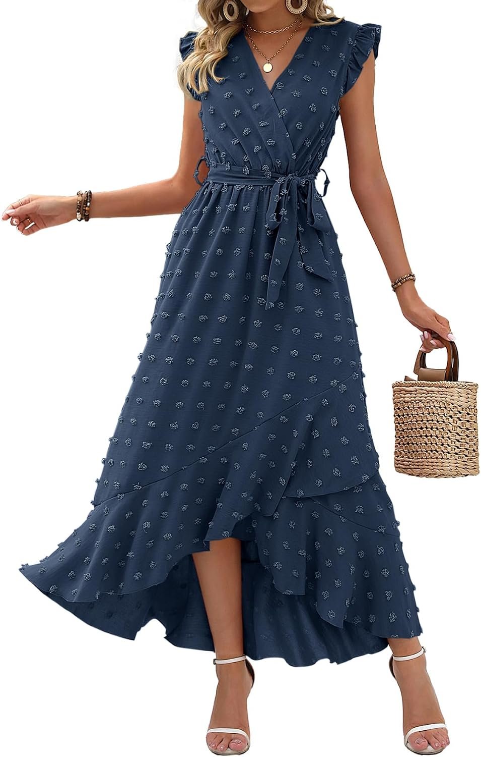 BTFBM Swiss Dot Wedding Guest Dresses for Women | Cap Sleeve,V Neck,Tie Waist,Flowy,Ruffle,Baby Shower,Cocktail,Boho Maxi Dress,Cruise,Beach Vacation Outfits,Summer Fashion