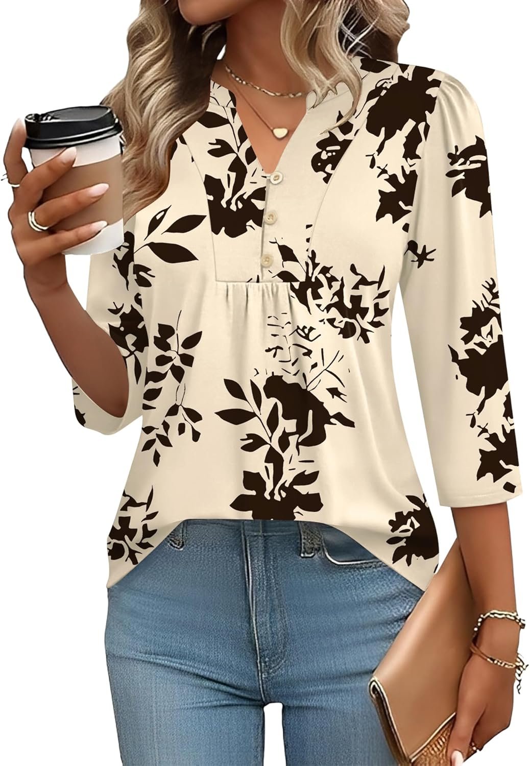 IECCP 3/4 Length Sleeve Womens Tops Dressy Casual Henley V-Neck Summer Tops