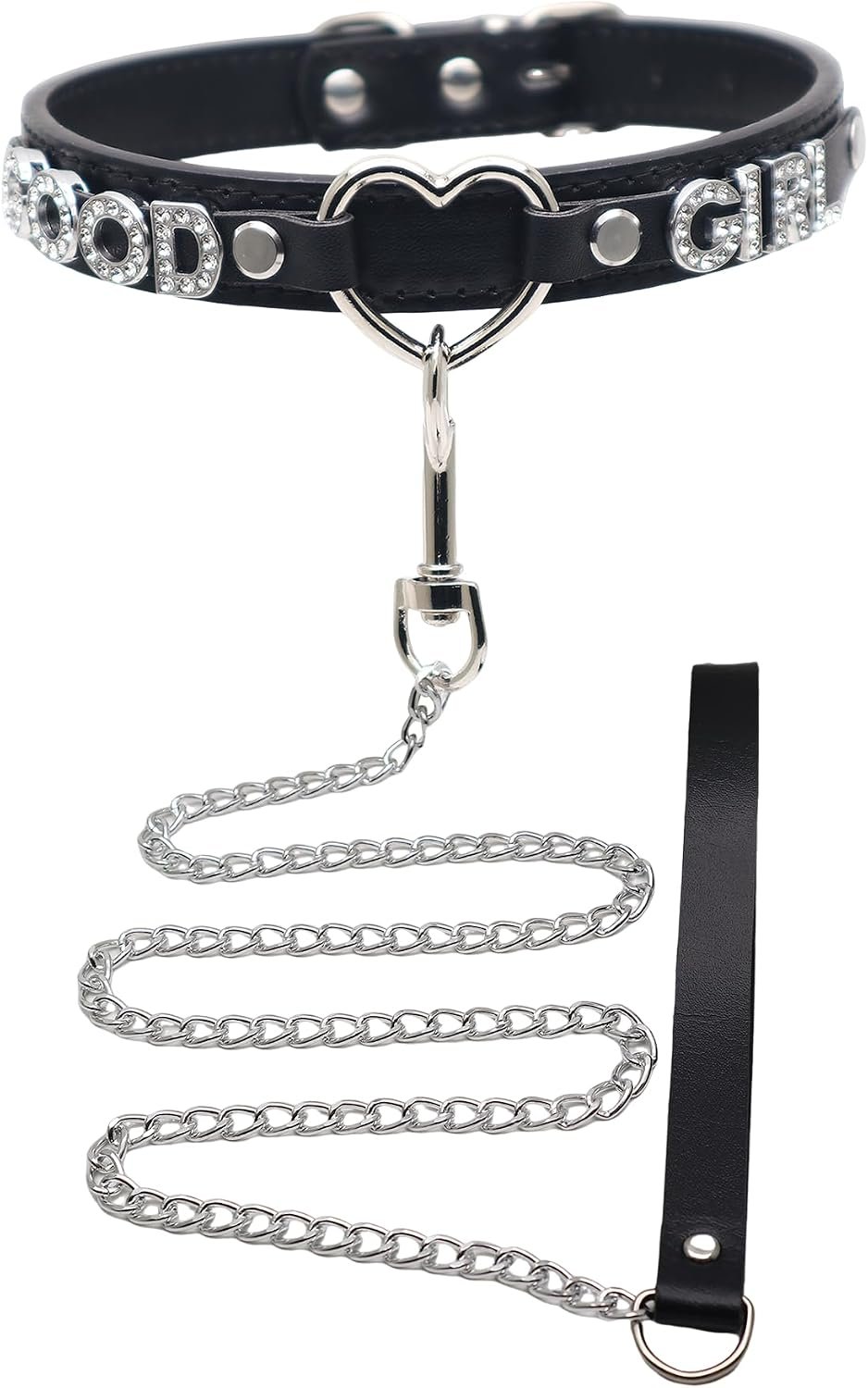 Leash and Collar Set for women Choker Necklace,Gothic Leather Choker with Letters Heart Shape Punk Rock Body Chain Big Thick and Long Leash Jewelry