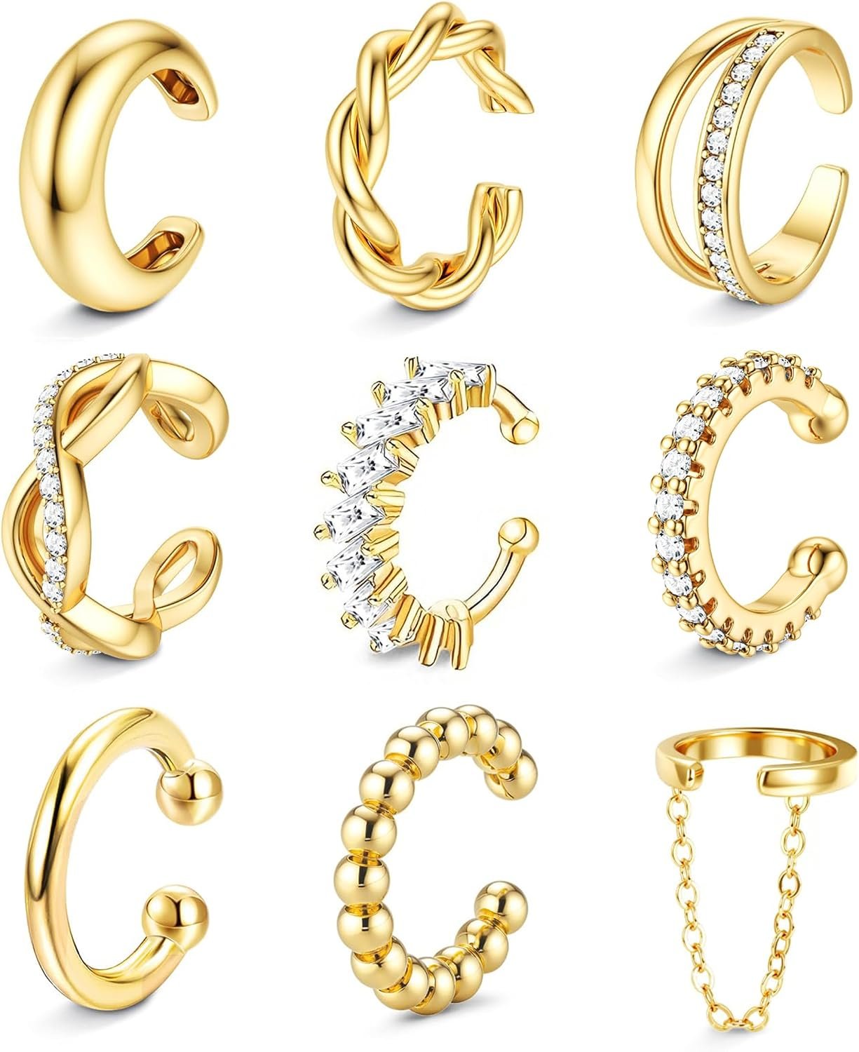 9PCS 14K Gold Plated Ear Cuff Earrings for Women Non Piercing jewelry