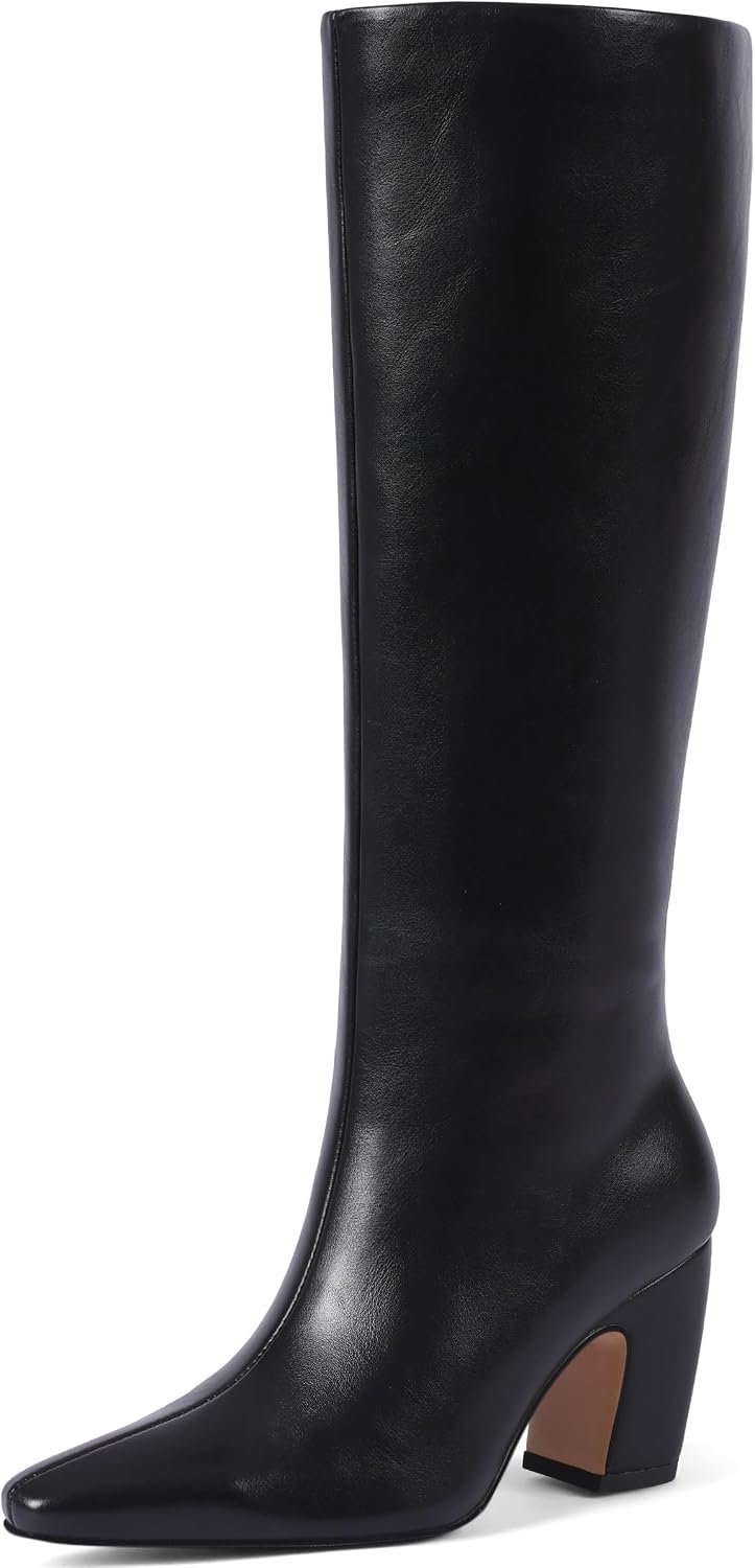 Women’s Knee High Boots, Comfortable Square Toe Faux Leather Boot Fashion Long Tall Boots for Riding Chunky High Heeled Dress/Casual Boot