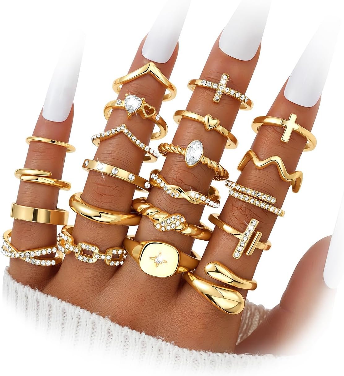 Gold Stackable Rings Set for Women, Gold Plated Chunky Crystal Finger Rings | Midi Stacking, Women’s Rings, Dainty Statement Thumb Knuckle Rings Pack, Multiple Sizes Jewelry, Ideal Gift