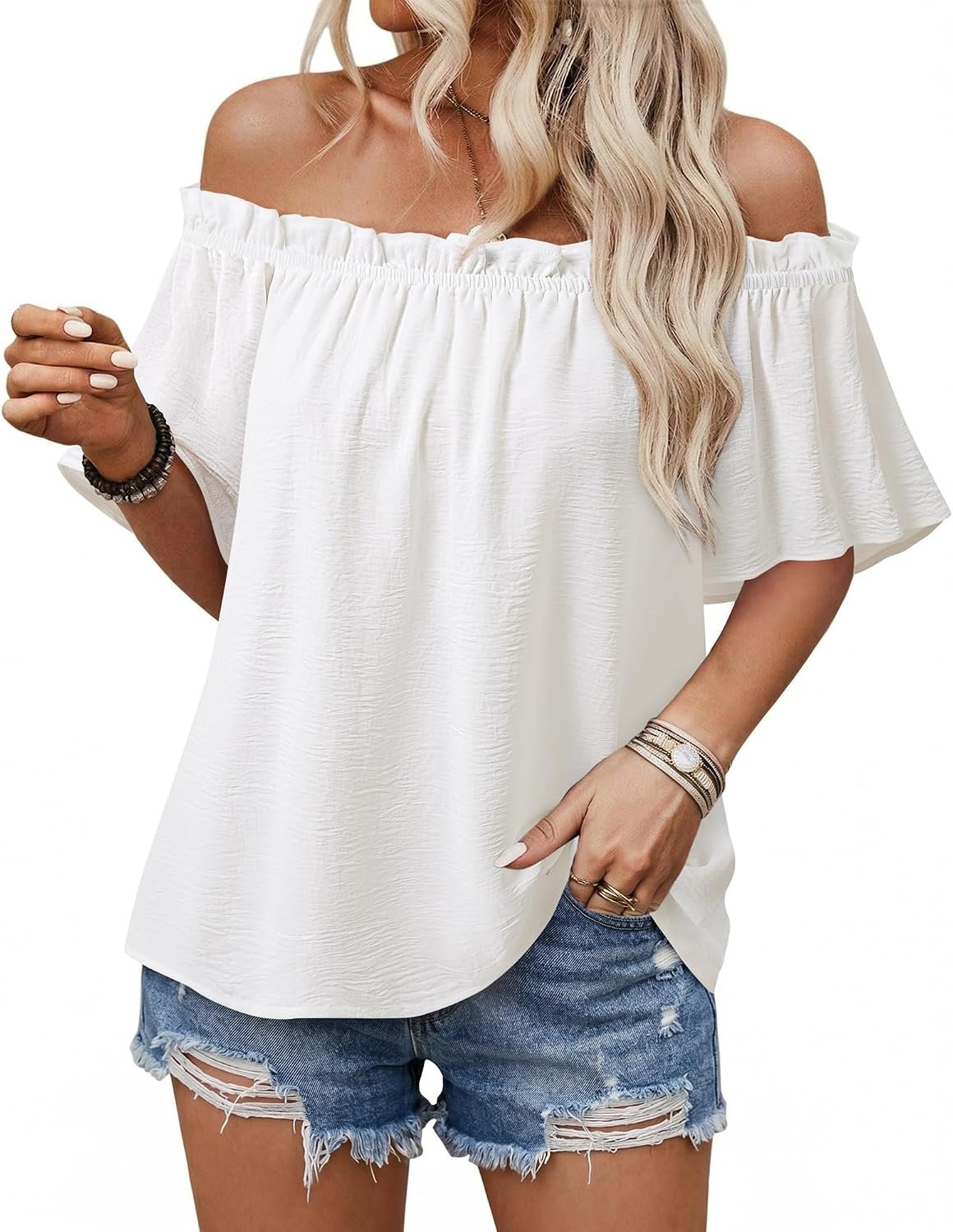 Bebonnie Womens Summer Blouses Dressy Casual Sexy Off The Shoulder Short Sleeve Boho Tops