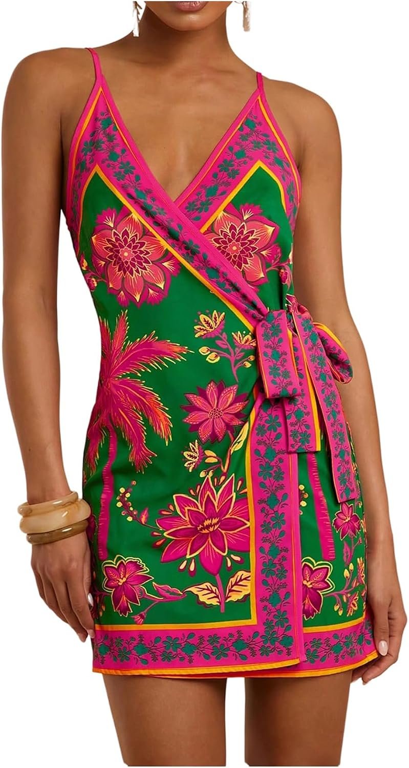 RoseSeek Women’s Tropical Print Wrap Dress Sleeveless Vacation Dresses