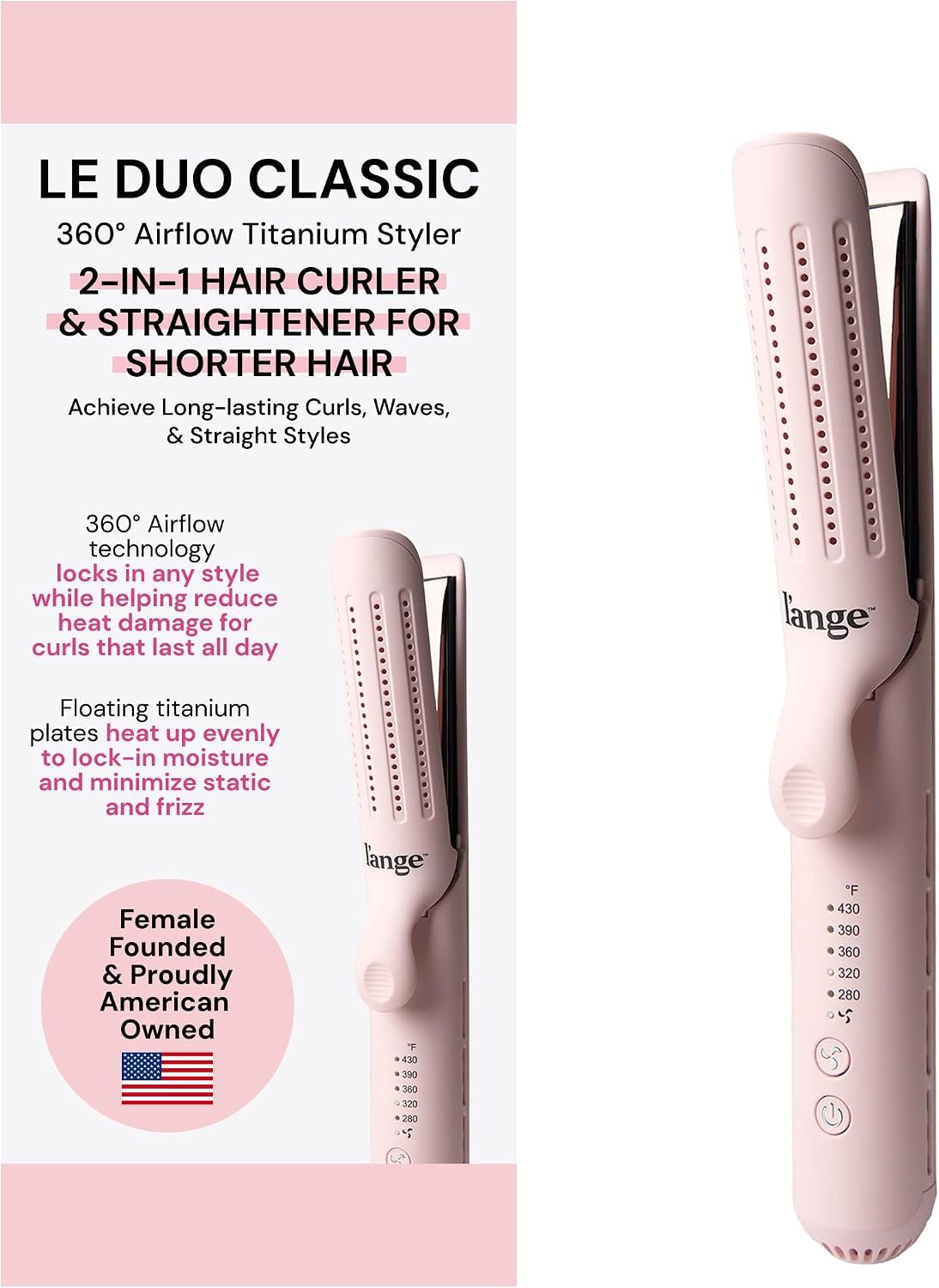 L’ANGE HAIR Le Duo Standard 360° Airflow Styler | Curl & Straighten with One Tool | 3.5″ Snag-Free Titanium Plates | Cooling Air Vents to Set Curls | Adjustable Temp & Auto Shut-Off | Blush