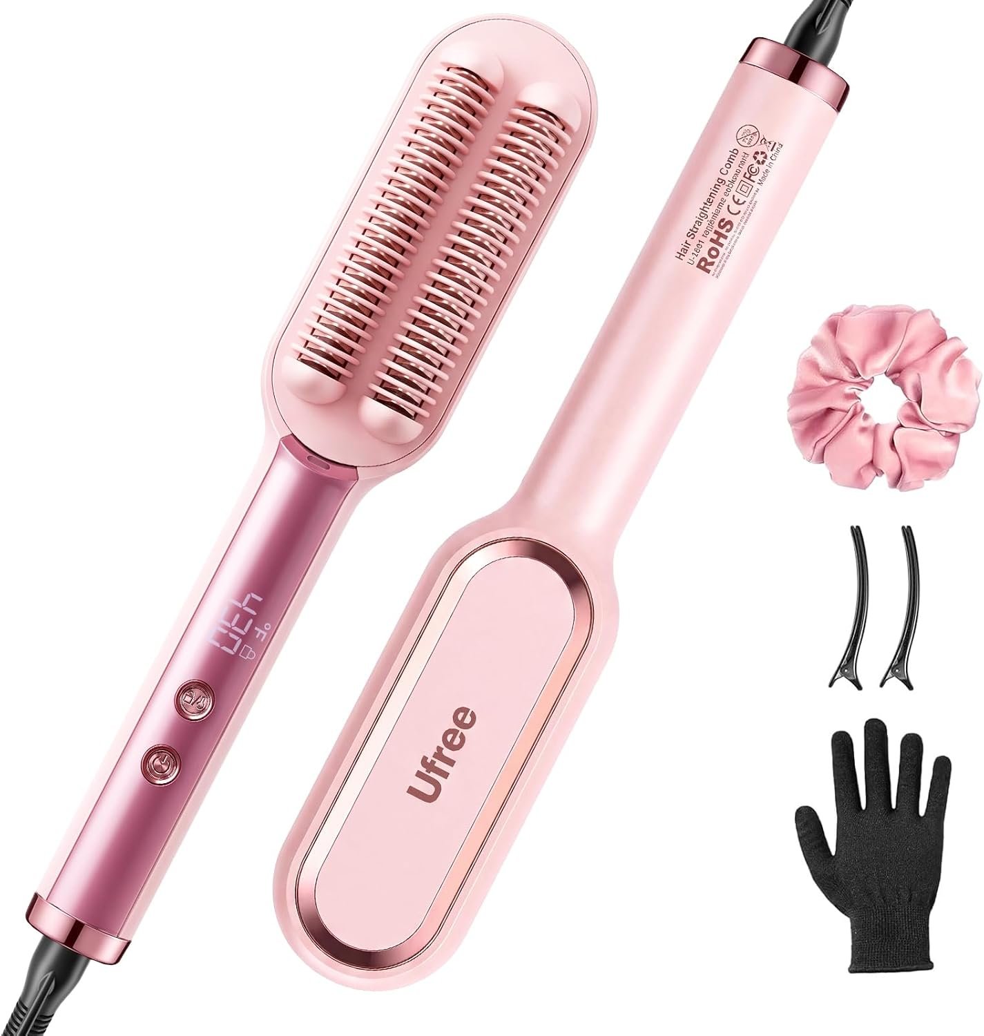 Ufree Hair Straightener Brush for Women, Double Row Ionic Hot Comb, Pink