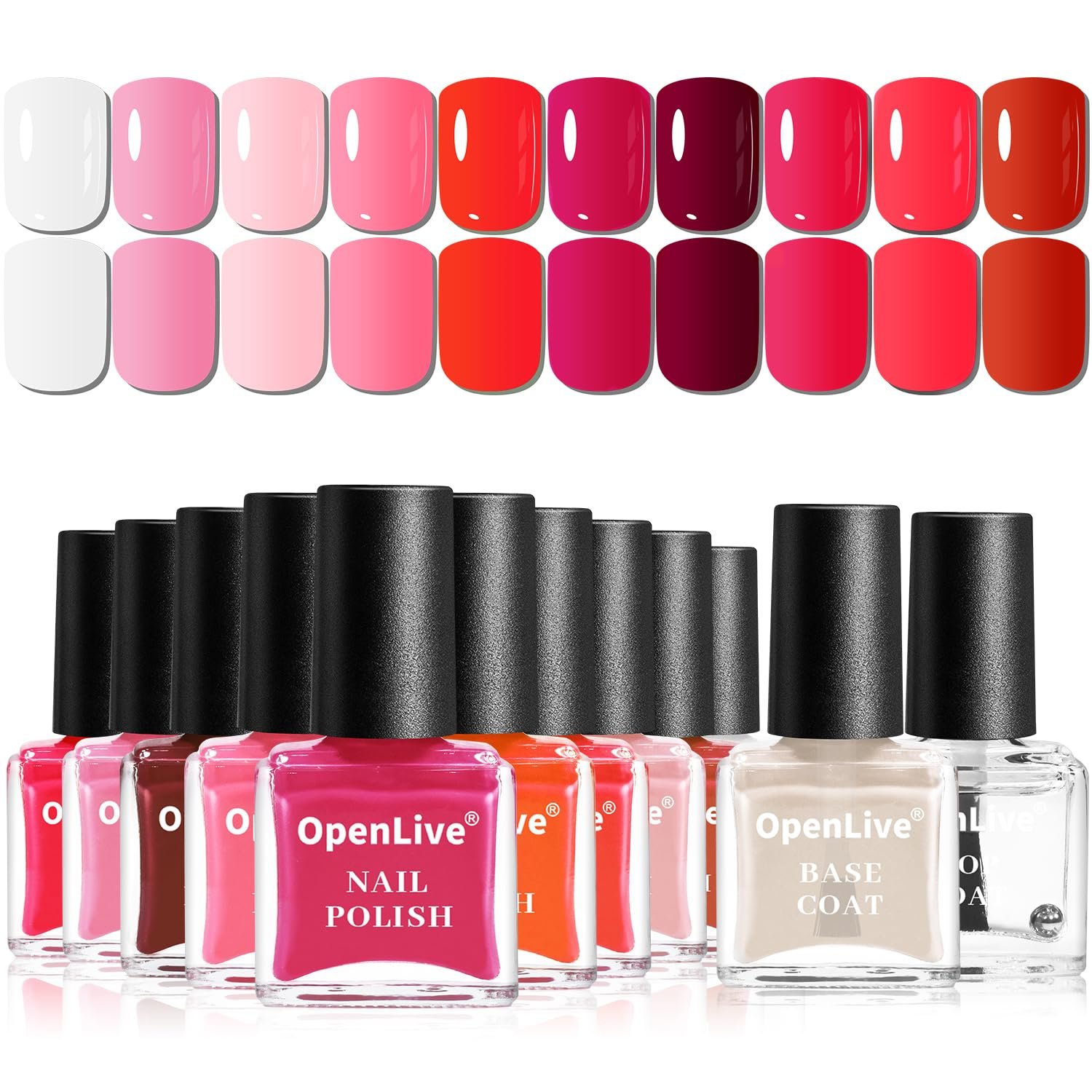 OpenLive 12Pcs 5ML Pink Nail Polish Set With 2Pcs Base and Top Coat