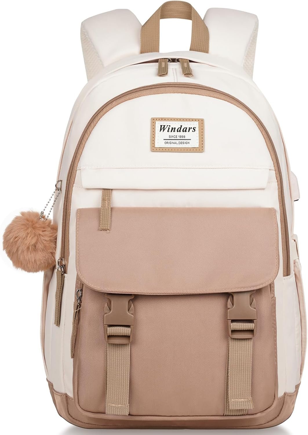 WINDARS School Backpack for Teen Girls, Cute College Backpacks for Women Students Aesthetic Bookbag Large 15.6 Inch Laptop Bag Middle School Travel Back Pack (Khaki Beige)