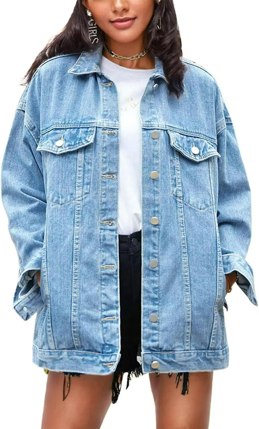 Omoone Oversized Denim Jacket Women Mid Long Casual Jean Coat
