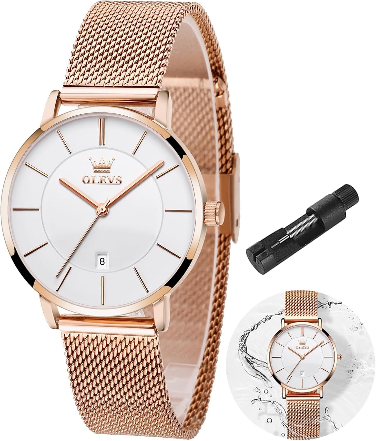 OLEVS Women’s Watch Luxury Dress Rose Gold Women Slim Thin Lightweight Watch Stainless Steel Mesh Watches Fashion Waterproof Ladies Wrist Watch Black White Blue Face,Adjustable Bracelet