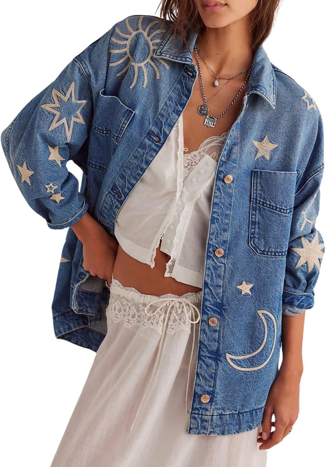 utcoco Women’s Vintage Oversized Denim Jacket Embroidered Graphic Casual Loose Fit Button Down Jean Jacket