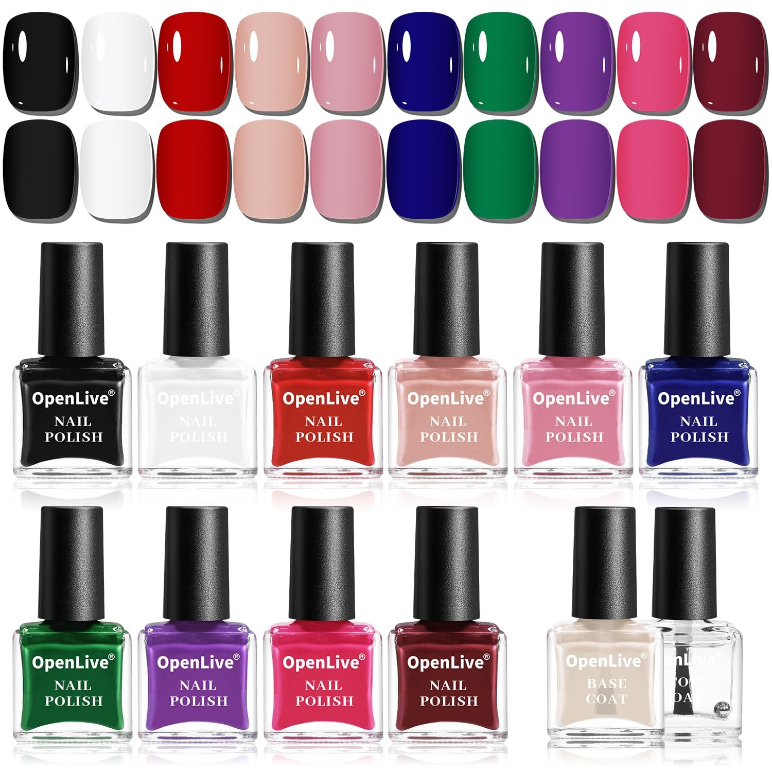 OpenLive 12Pcs 5ML Quick Dry Nail Polish Set With 2Pcs Base and Top Coat