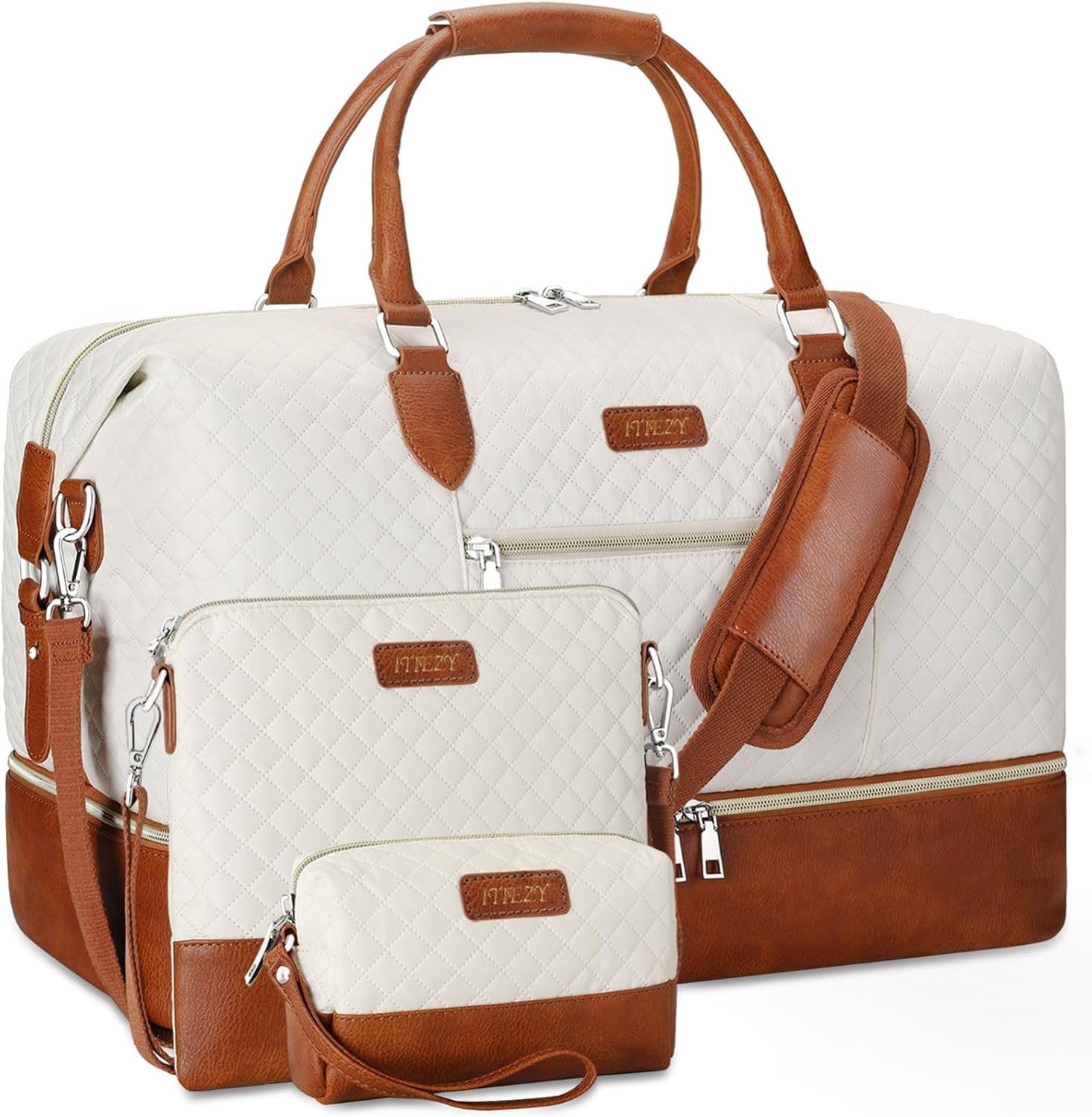ITIEZY Weekender Bag for Women 21.5″ Travel Duffel Large Carry On Bag 3PCS | Nylon Duffel Bag with Waterproof Shoe Compartment, Crossbody Bag and Toiletry Bag, Travel Weekend Hospital Overnight Gym Bag
