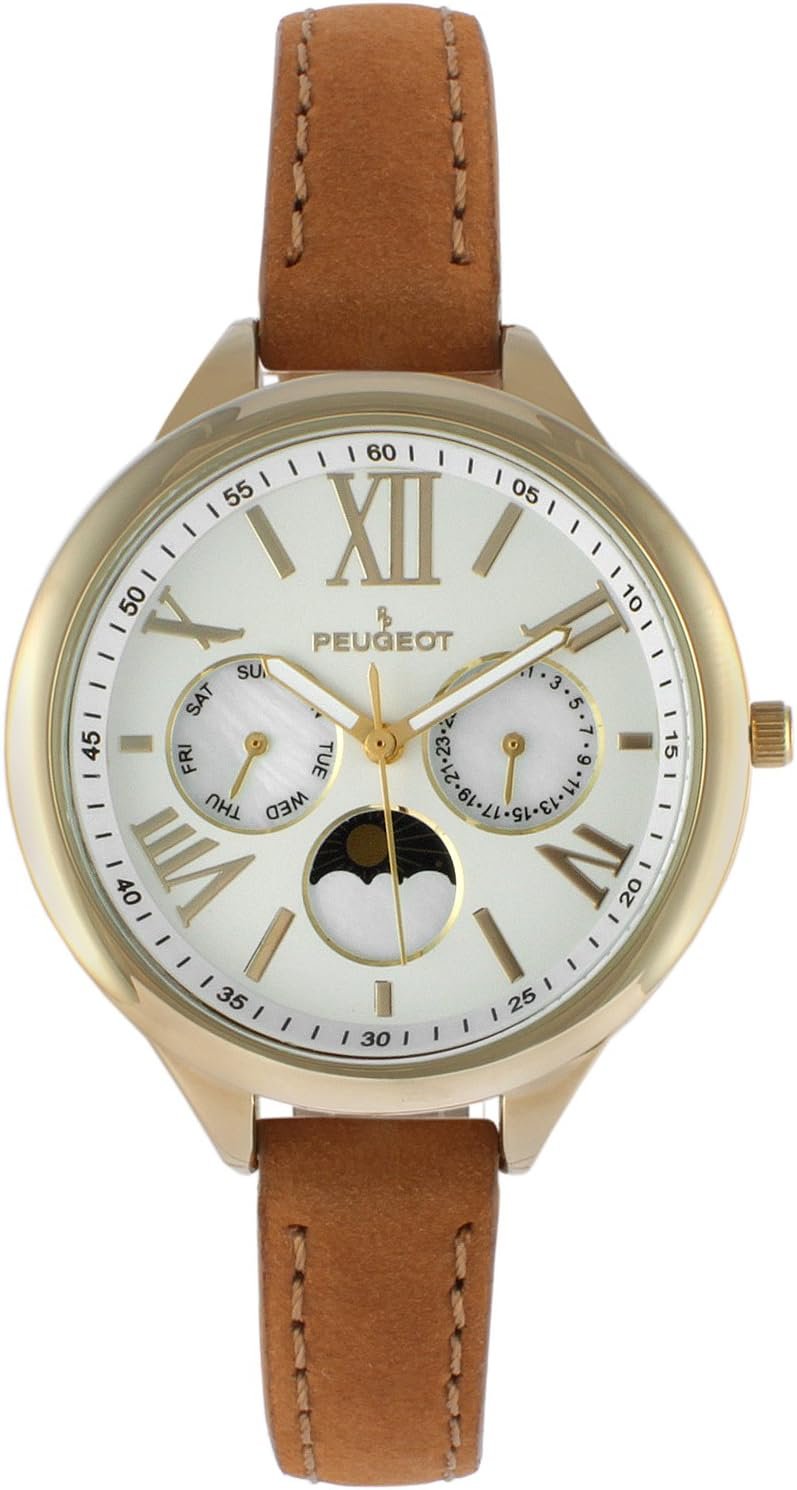 Peugeot Women’s Gold Round Multi-Function Watch with Skinny Brown Suede Strap