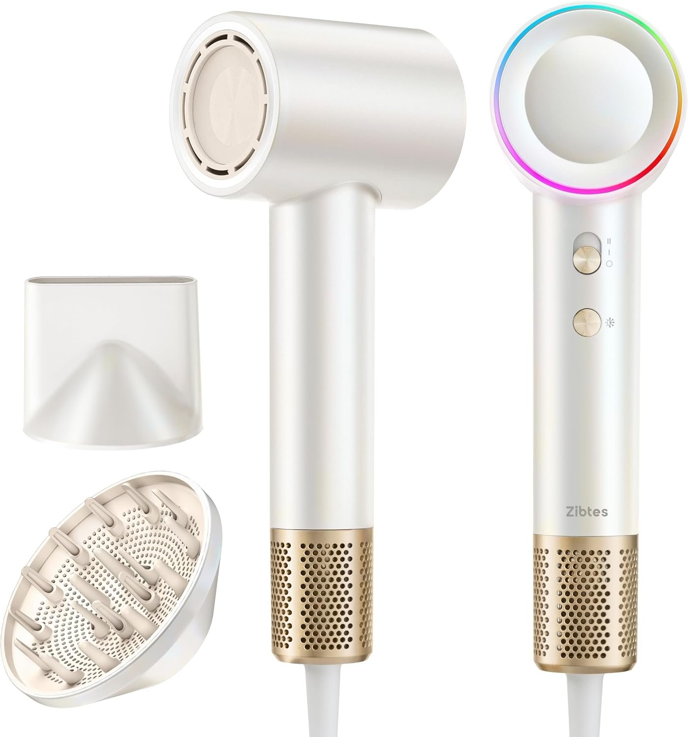 Zibtes High-Speed Hair Dryer with Diffuser, Ionic Blow Dryer (White)