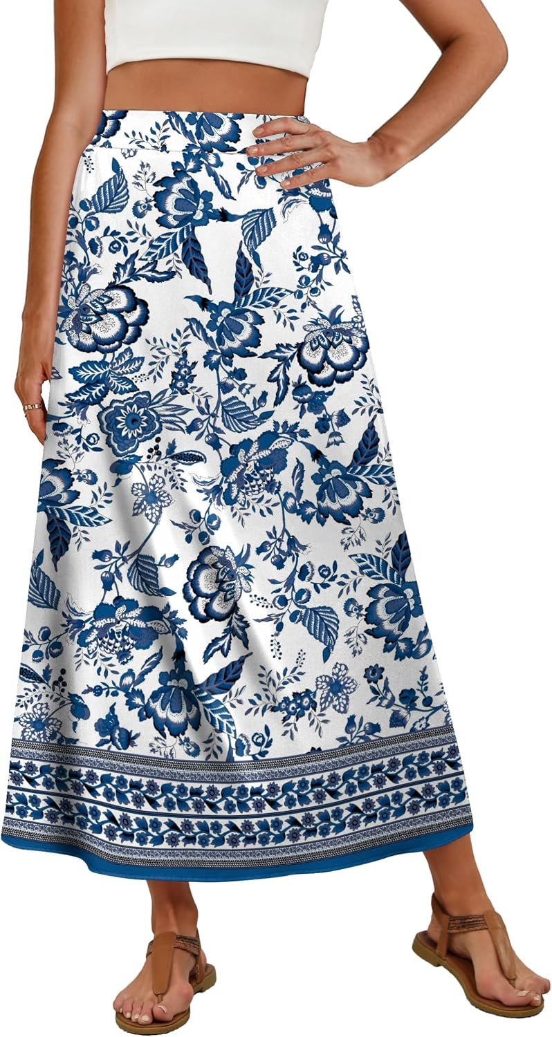 OFEEFAN Womens Maxi Long Skirts with Pockets Stretchy Spring Summer Boho Casual Flowy Trendy