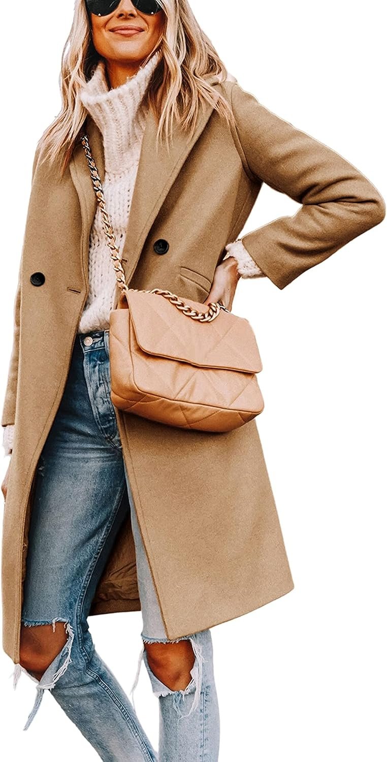 Hooever Women’s Wool Coat Notch Lapel Double-Breasted Peacoat