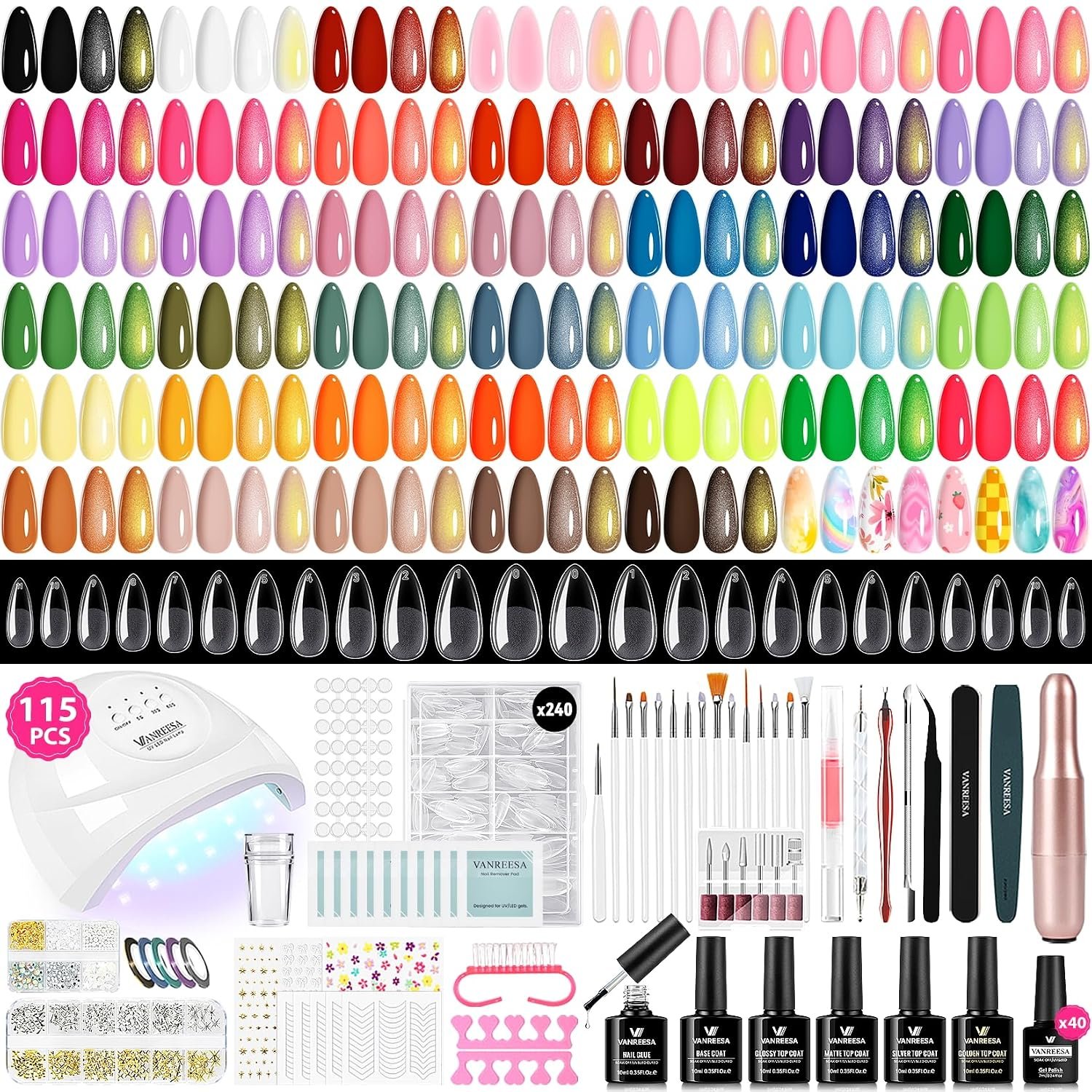 VANREESA 115Pcs Gel Nail Polish Kit with U V Light Nail Drill Almond Nail Tips -40 All Seasons Colors Gel Polish Set with 5Pcs Base Top Coat Gel Nail Kit for Beginners with Everything Gifts for Women
