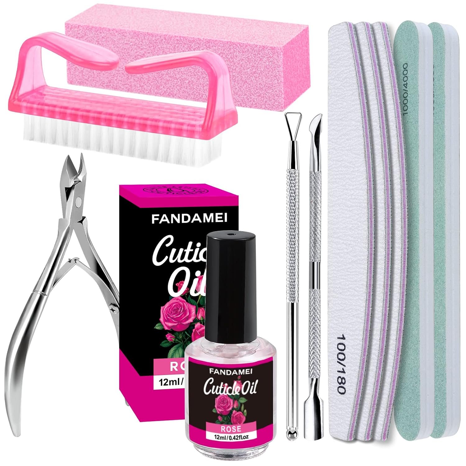FANDAMEI Nail Files and Buffers, Manicure Tools Nail Care Kit with Nail File, Nail Buffer Block, Cuticle Care for Women with Nippers, Pusher Peeler. Cuticle Oil and Nail Prep Kit.