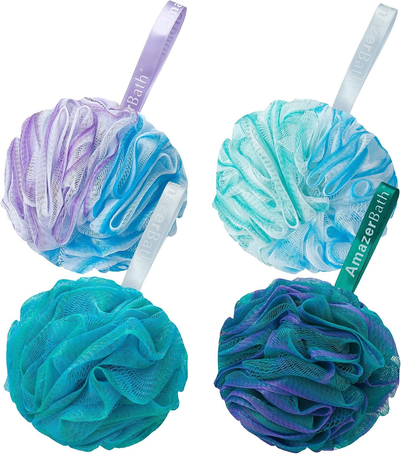 AmazerBath Loofah Sponge 75g/Piece, Exfoliating Bath Sponge Body Scrubber – Loofa Set of 4 Flower Color (Large, Green-Purple)
