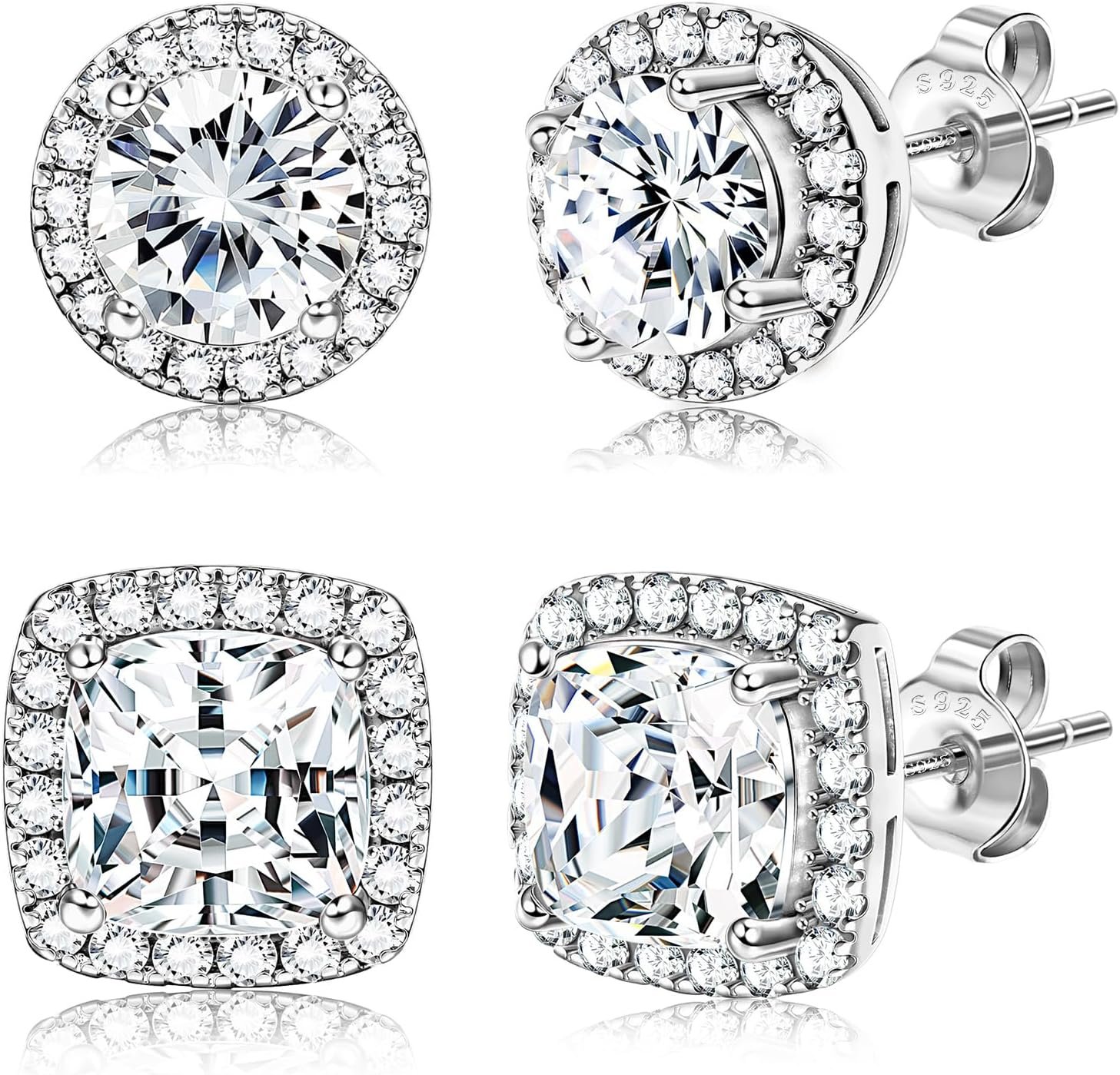 18K Gold Plated Halo Stud Earrings 925 Sterling Silver Cubic Zirconia Stud Earrings Round Square Diamonique Stud Earrings Set for Women Men