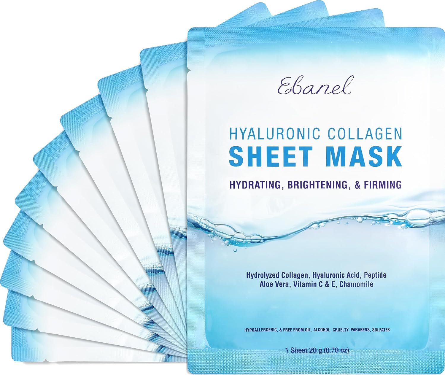 Ebanel 10-Pack Collagen Face Mask with Hyaluronic Acid, Vitamin C, Peptide