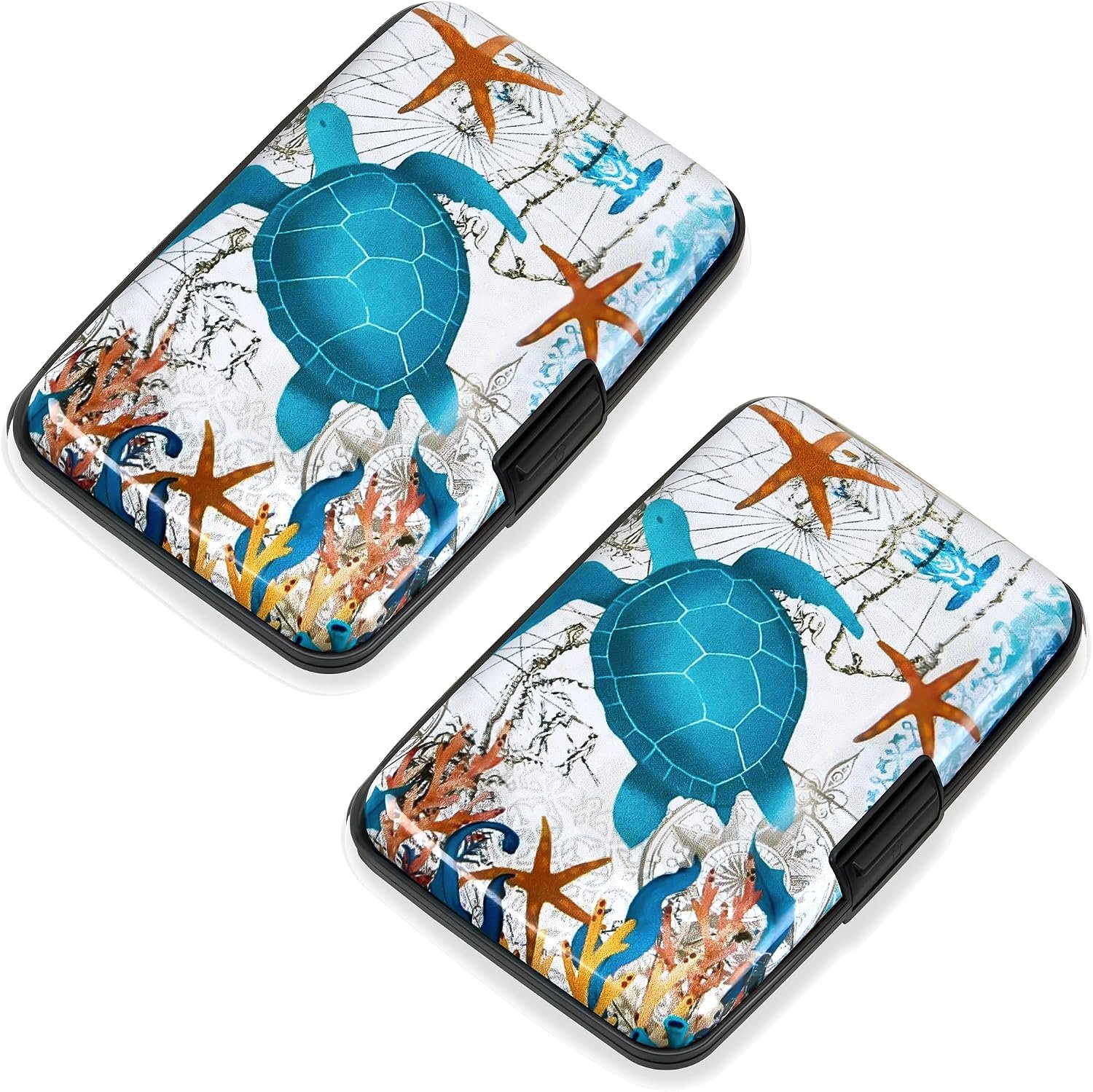 Mayski 2 Pack Credit Card Holder for Women RFID Blocking Wallet, Sea Turtle | Card Wallets for Women Small Mini Business Metal Accordion Aluminum Alloy Hard Case for Men