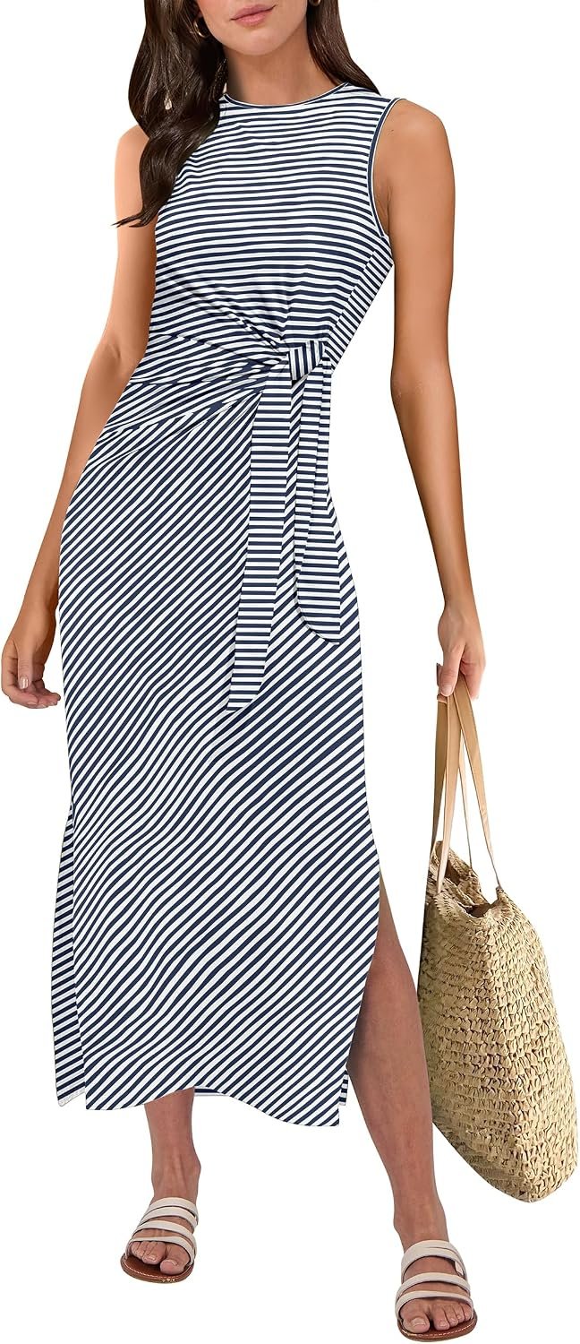 ANRABESS Womens Summer Casual Sleeveless T Shirt Midi Dress Slim Fit Tie Waist Split Tank Long Dresses 2026 Vacation Sundress