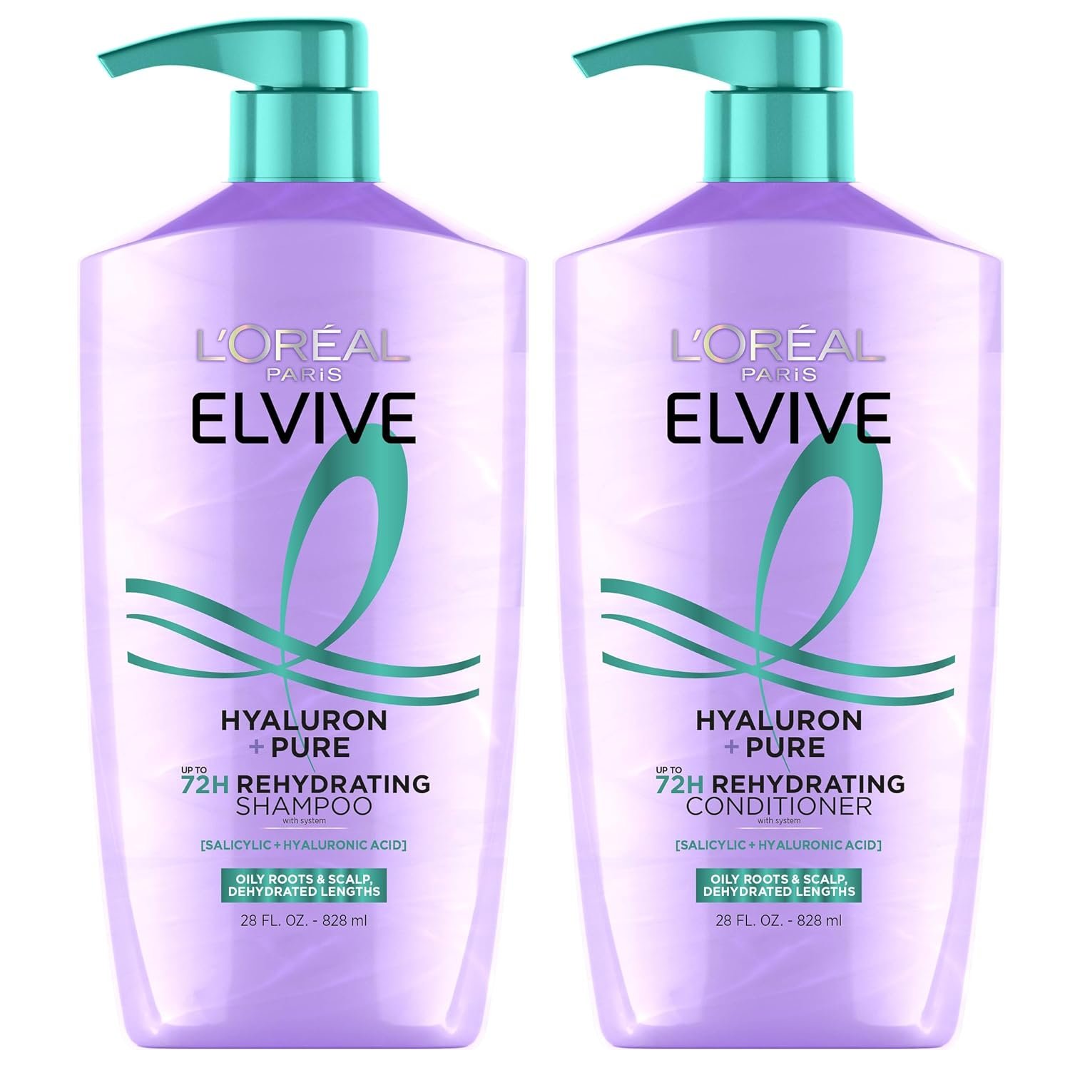 L’Oreal Paris Elvive Hyaluron + Pure Shampoo and Conditioner Set, Clarifying Shampoo and Rehydrating Conditioner with Salicylic Acid and Hyaluronic Acid, 56 Fl Oz Set