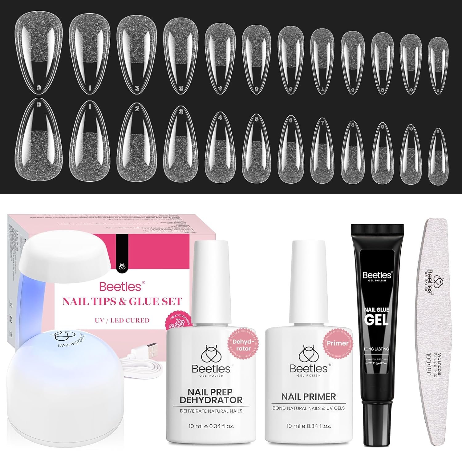 Beetles Gel Nail Kit Medium Almond with Dehydrator and Primer | 576Pcs Half Matte Etch-X Gel Nail Tips Solid Glue Mini Lamp Acrylic Nail Tips DIY Nail Extension Set Gift for Women