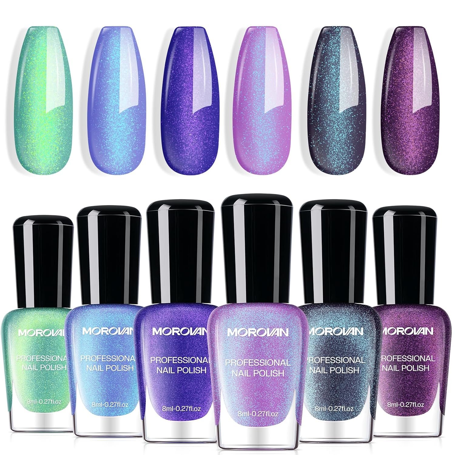 Morovan Chameleon Nail Polish Set: 6 Color Holographic Ombre Quick Dry Gift | Mini Nail Lacquer Kit Glitter Pink Blue Purple Green Gray Aurora Shimmer Fall DIY Nail Art Manicure Gift For Women Girls