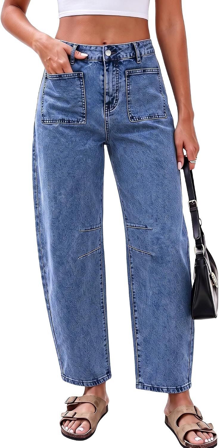 GRAPENT Barrel Jeans for Women Trendy Cropped High Waisted Patch Pocket Baggy Stretch Denim Pants Casual Wide Leg Jeans