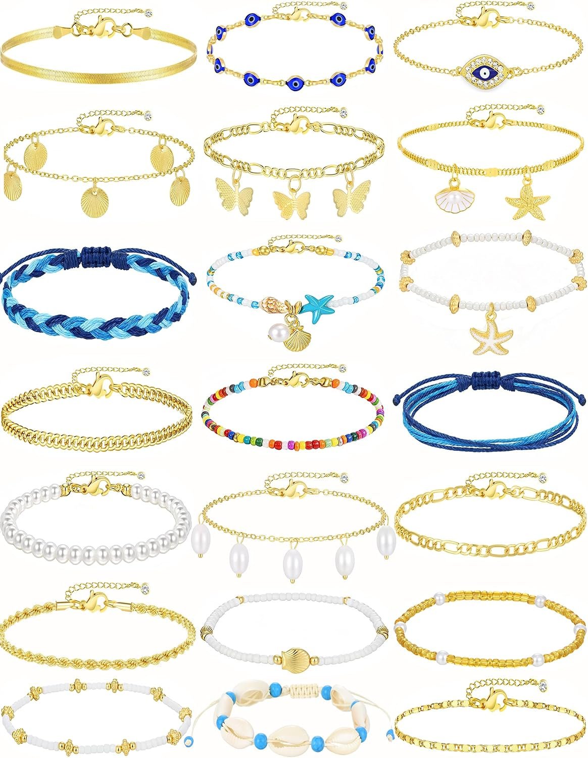 21PCS Gold Anklet Set for Women, Adjustable Layered Ankle Jewelry