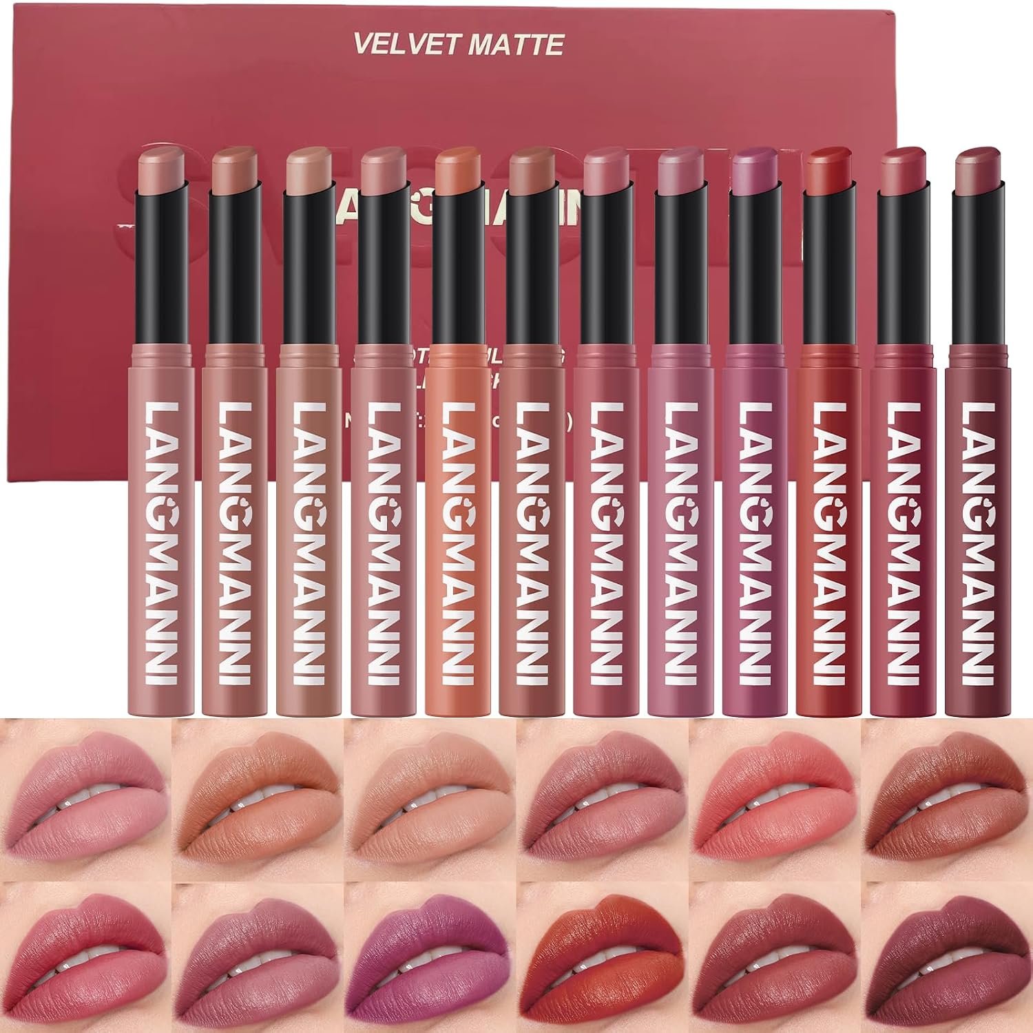12Pcs Velvet Matte Lipstick Set, Nude to Dark Shades, Long-Lasting,Color A