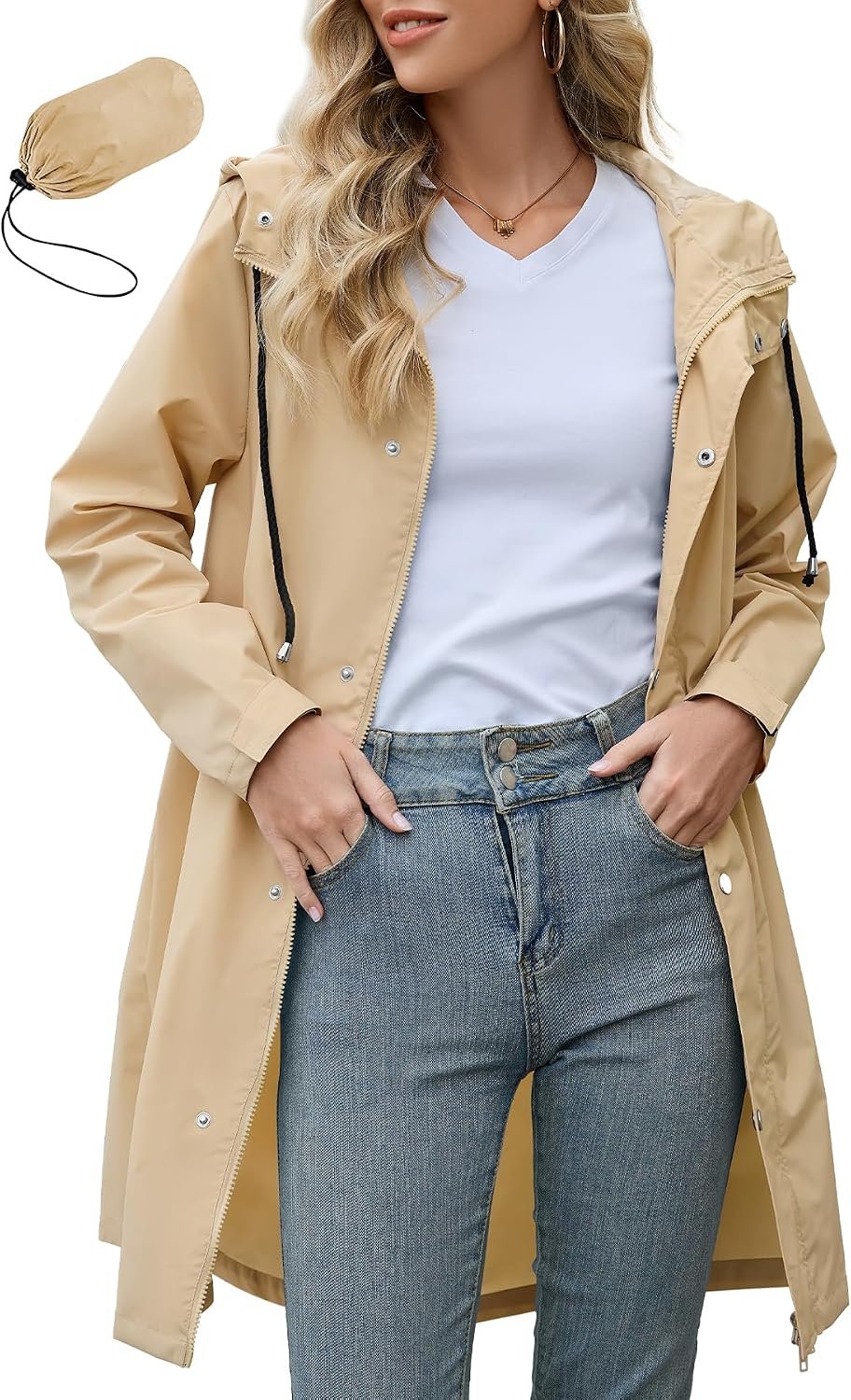 Zando Long Packable Rain Jacket Women Waterproof Raincoat with Hood