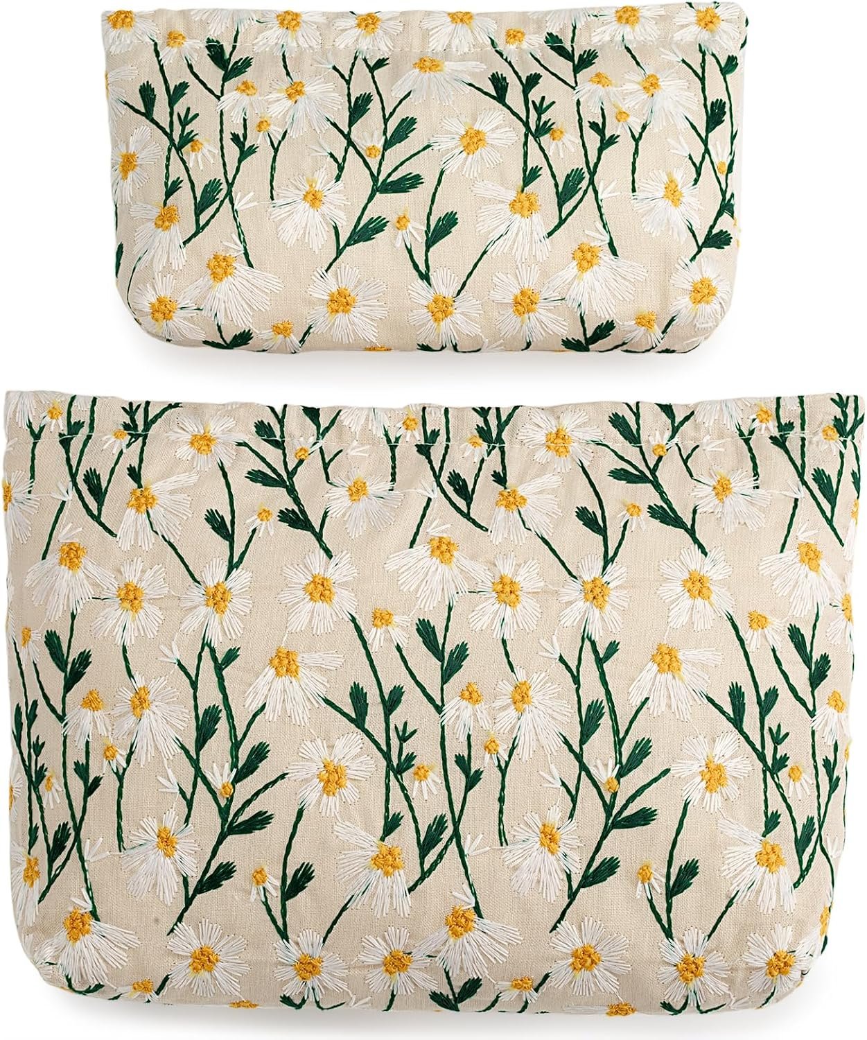 2‑Pcs Floral Embroidery Canvas Makeup Bags, Daisy White