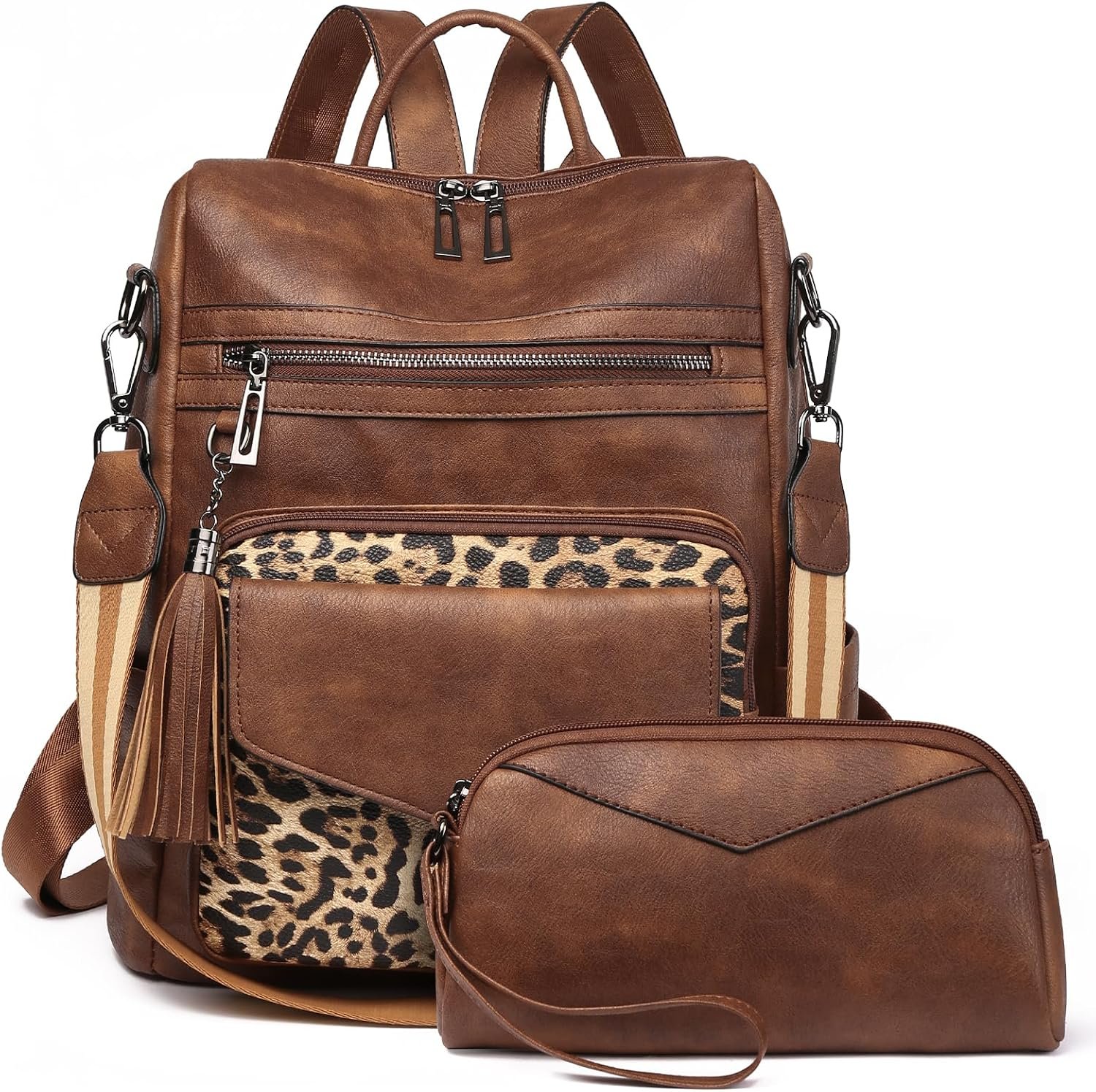 GAEKEAO Backpack Purse for Women Fashion Leather Designer Travel Backpack Purses Convertible Shoulder Bag with Wristlet (Brown With Leopard)