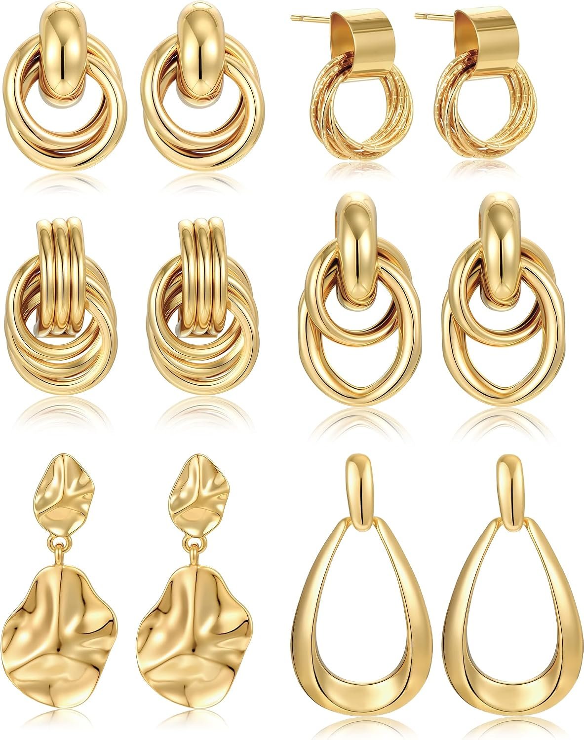 6 Pairs Chunky Gold Earrings for Women Gold Plated Knot Earrings Trendy Statement Drop Dangle Teardrop Lightweight Hypoallergenic Fashion Accessories Jewelry Set Gifts for Women