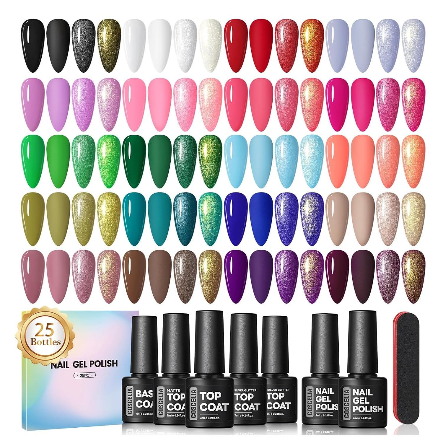 COSCELIA 25PCS Gel Nail Polish Set Fall Colors Gel Nail Polish Soak Off with Glossy Matte Silver Golden Glitter Top Coat Red Brown Black White Green DIY Gifts for Women Girls